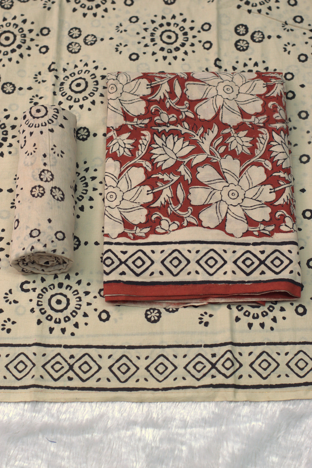 Elegant Handblock Printed Cotton Churidar Set – Red Floral & Indigo Motif