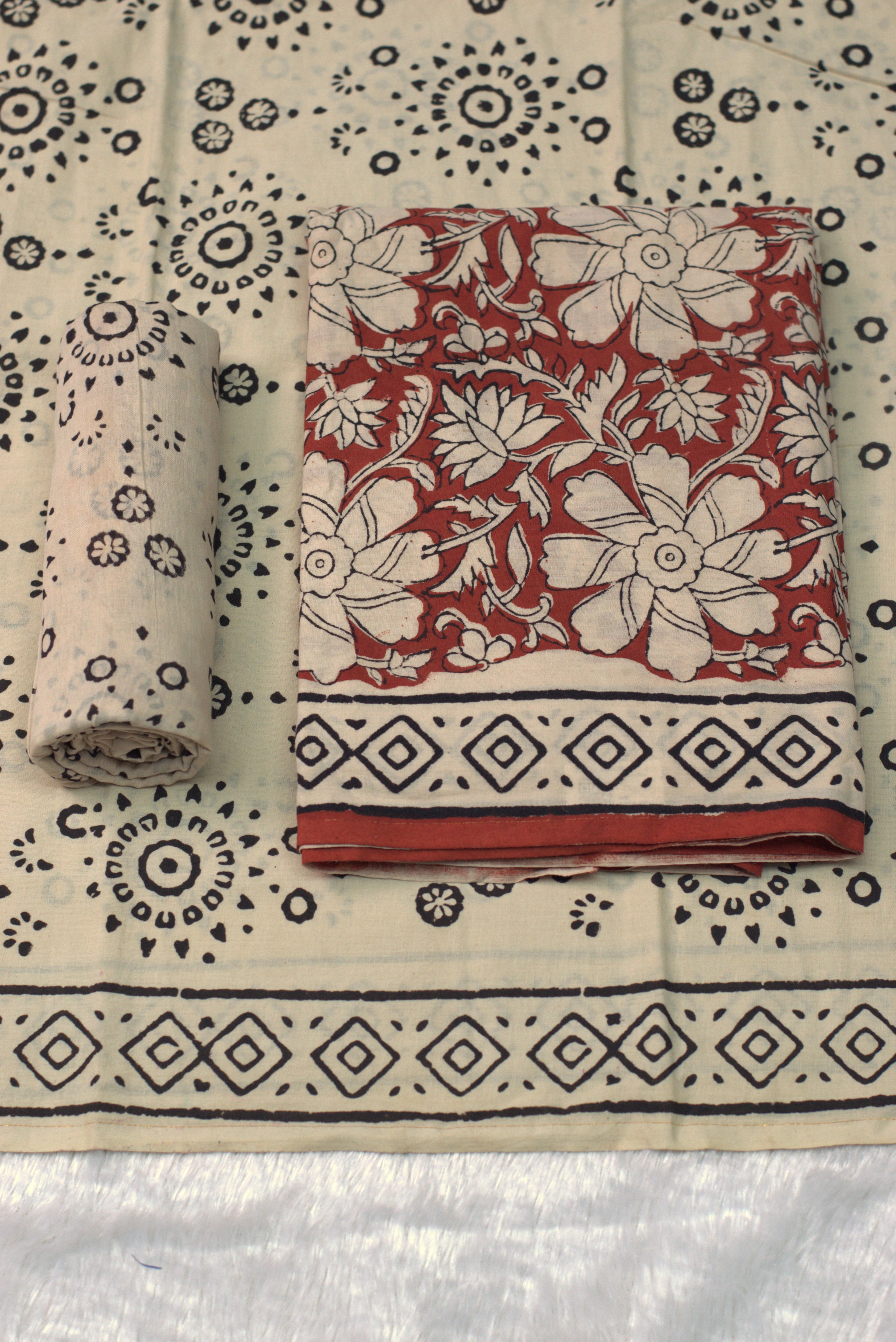 Elegant Handblock Printed Cotton Churidar Set – Red Floral & Indigo Motif