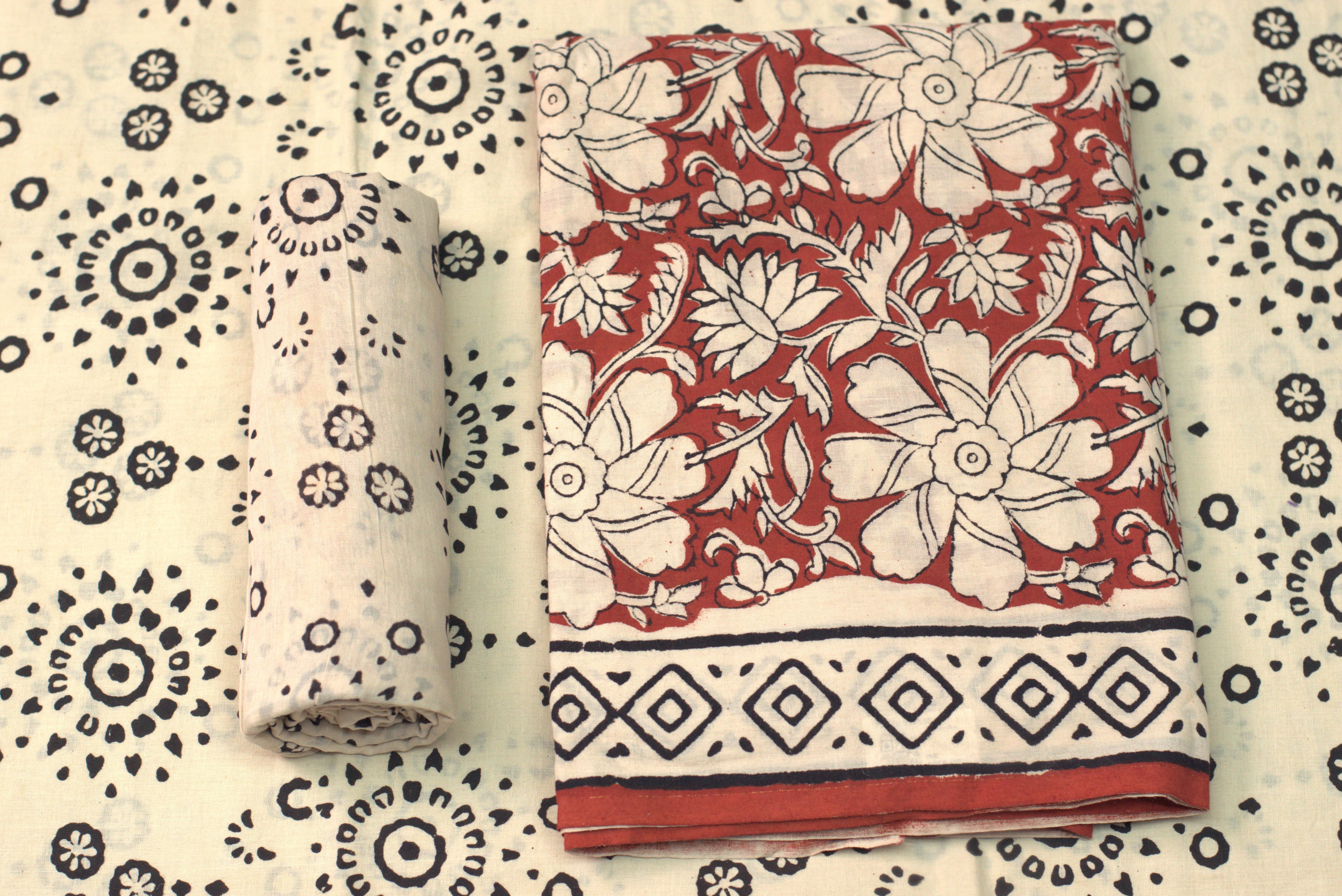 Elegant Handblock Printed Cotton Churidar Set – Red Floral & Indigo Motif
