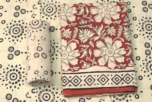 Elegant Handblock Printed Cotton Churidar Set – Red Floral & Indigo Motif