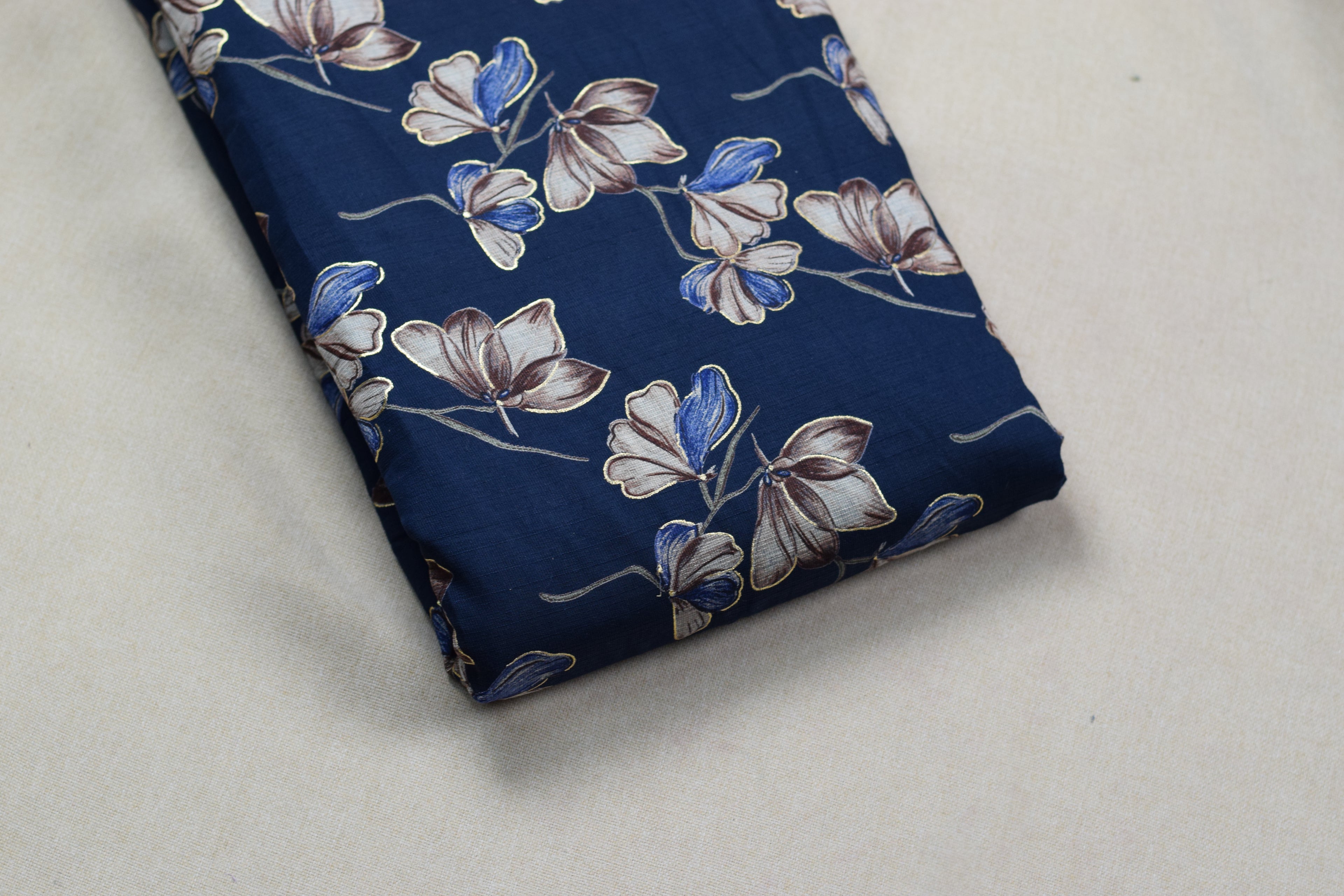 Navy Blue Floral Vatican Silk Dress Material Set | Unstitched Top & Bottom | 56" Width