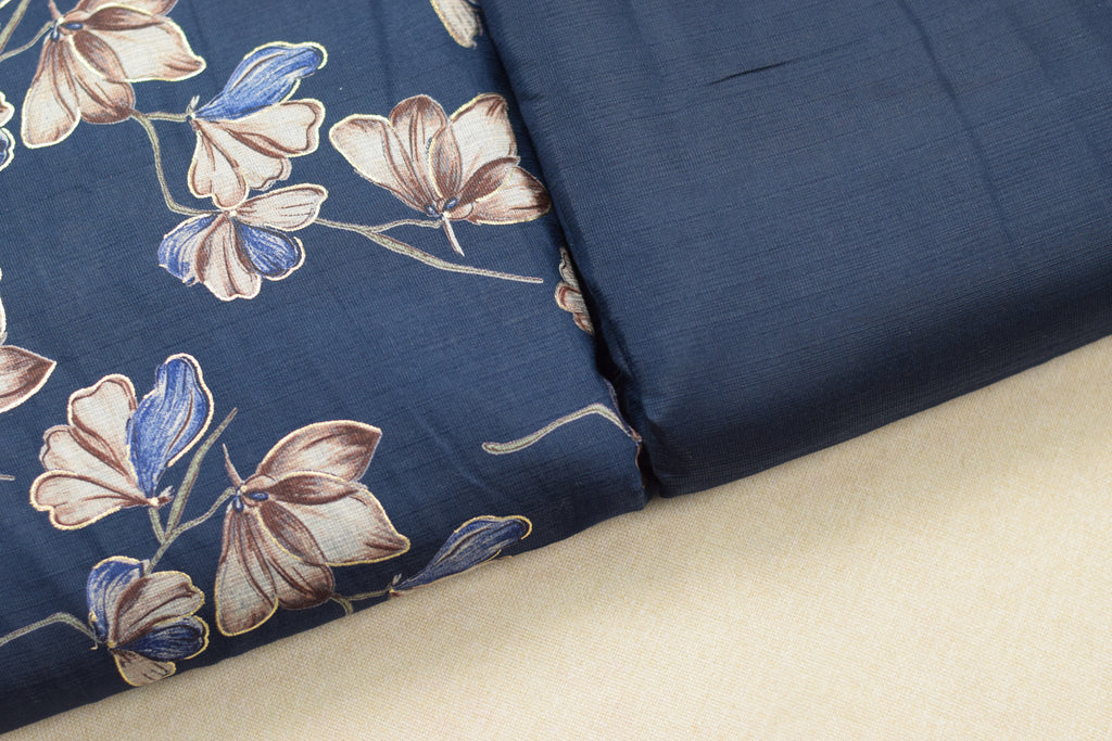 Navy Blue Floral Vatican Silk Dress Material Set | Unstitched Top & Bottom | 56" Width
