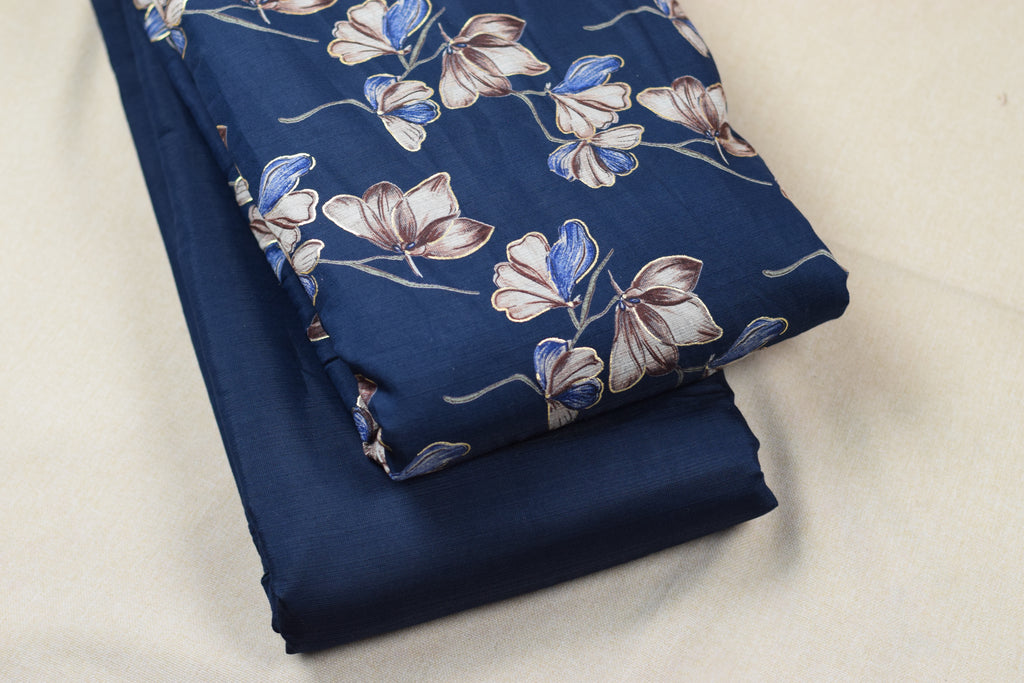 Navy Blue Floral Vatican Silk Dress Material Set | Unstitched Top & Bottom | 56" Width