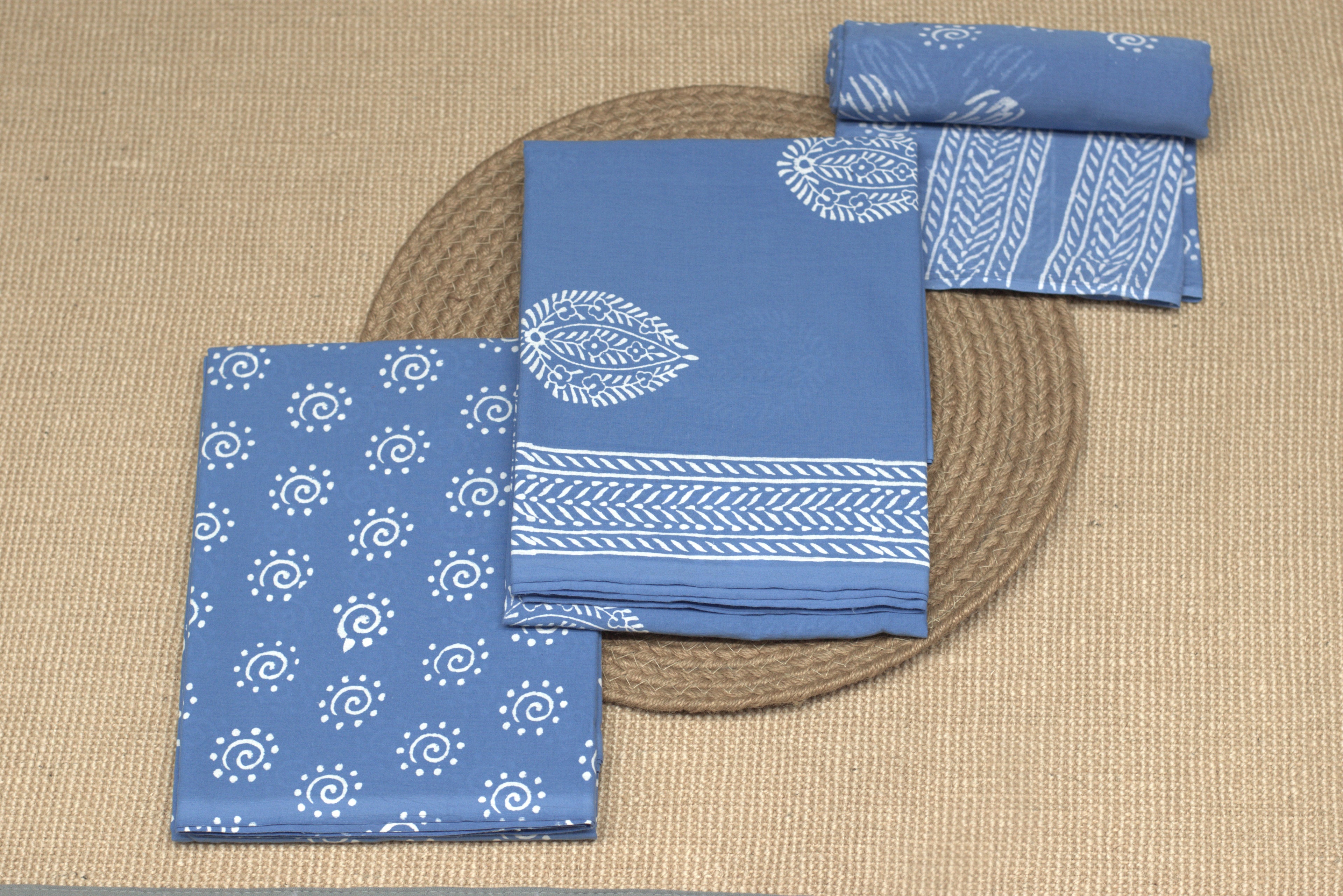 Elegant Blue Cotton Churidar Set with White Handblock Print