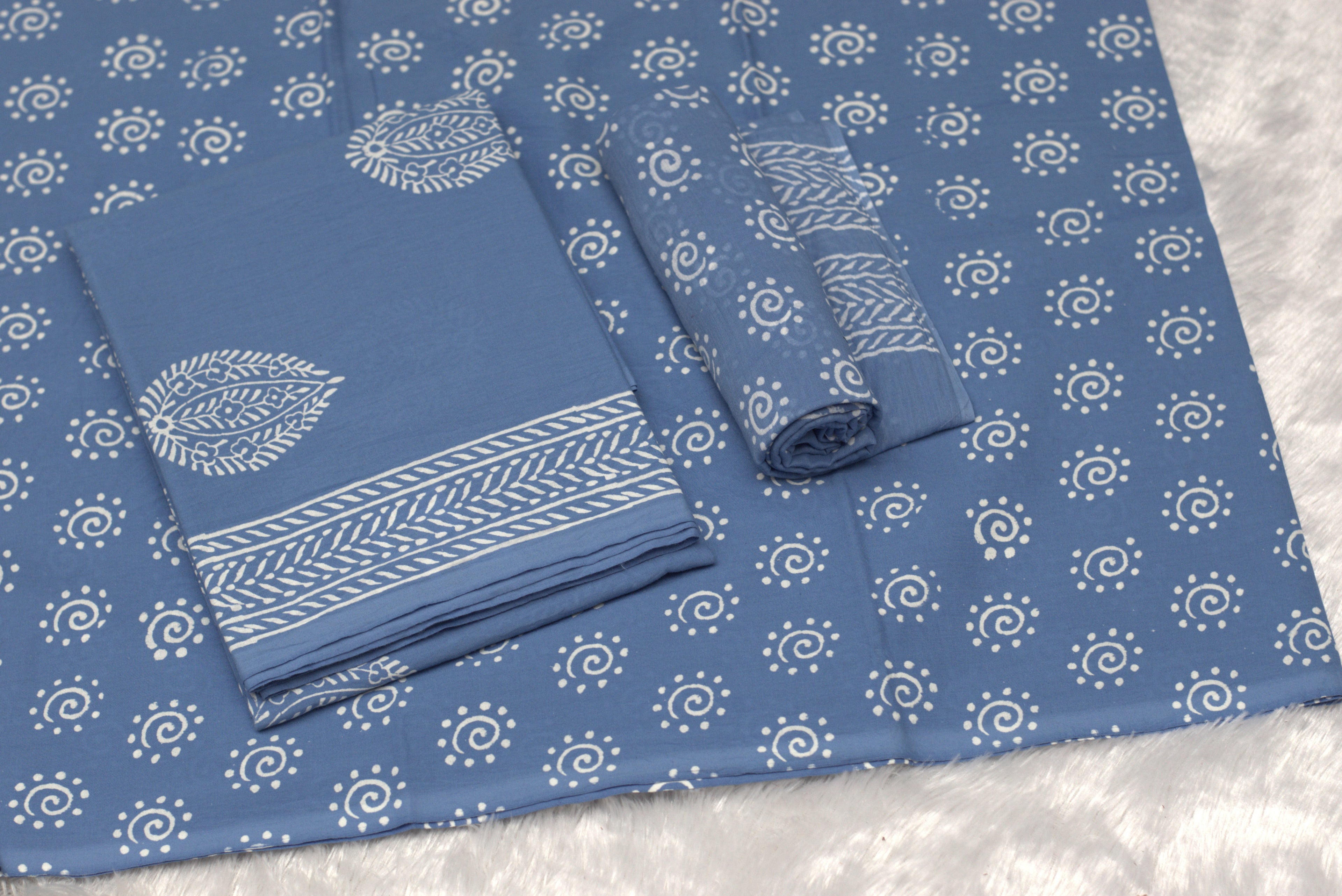 Elegant Blue Cotton Churidar Set with White Handblock Print
