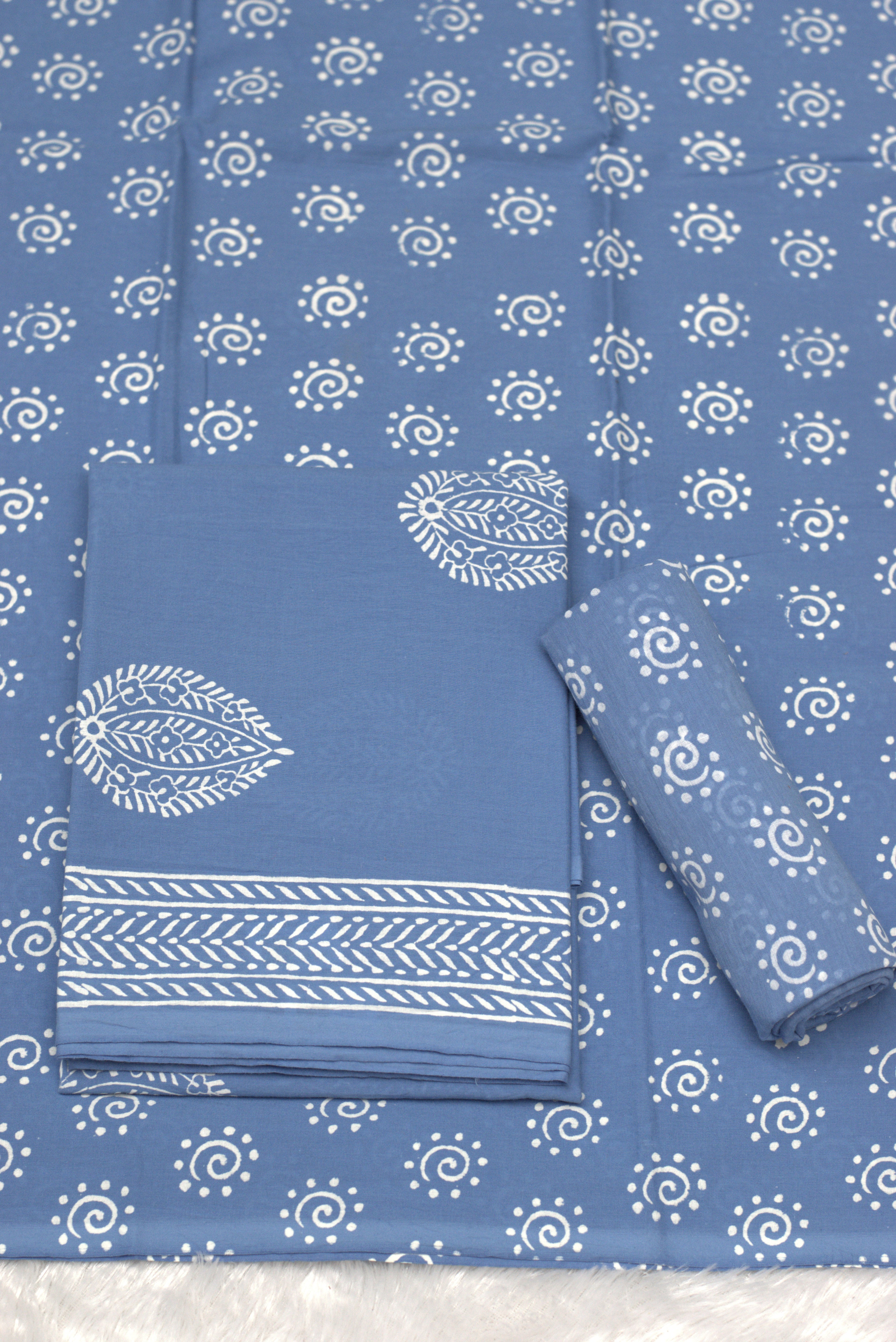Elegant Blue Cotton Churidar Set with White Handblock Print