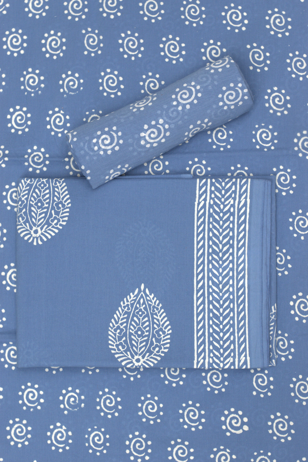 Elegant Blue Cotton Churidar Set with White Handblock Print