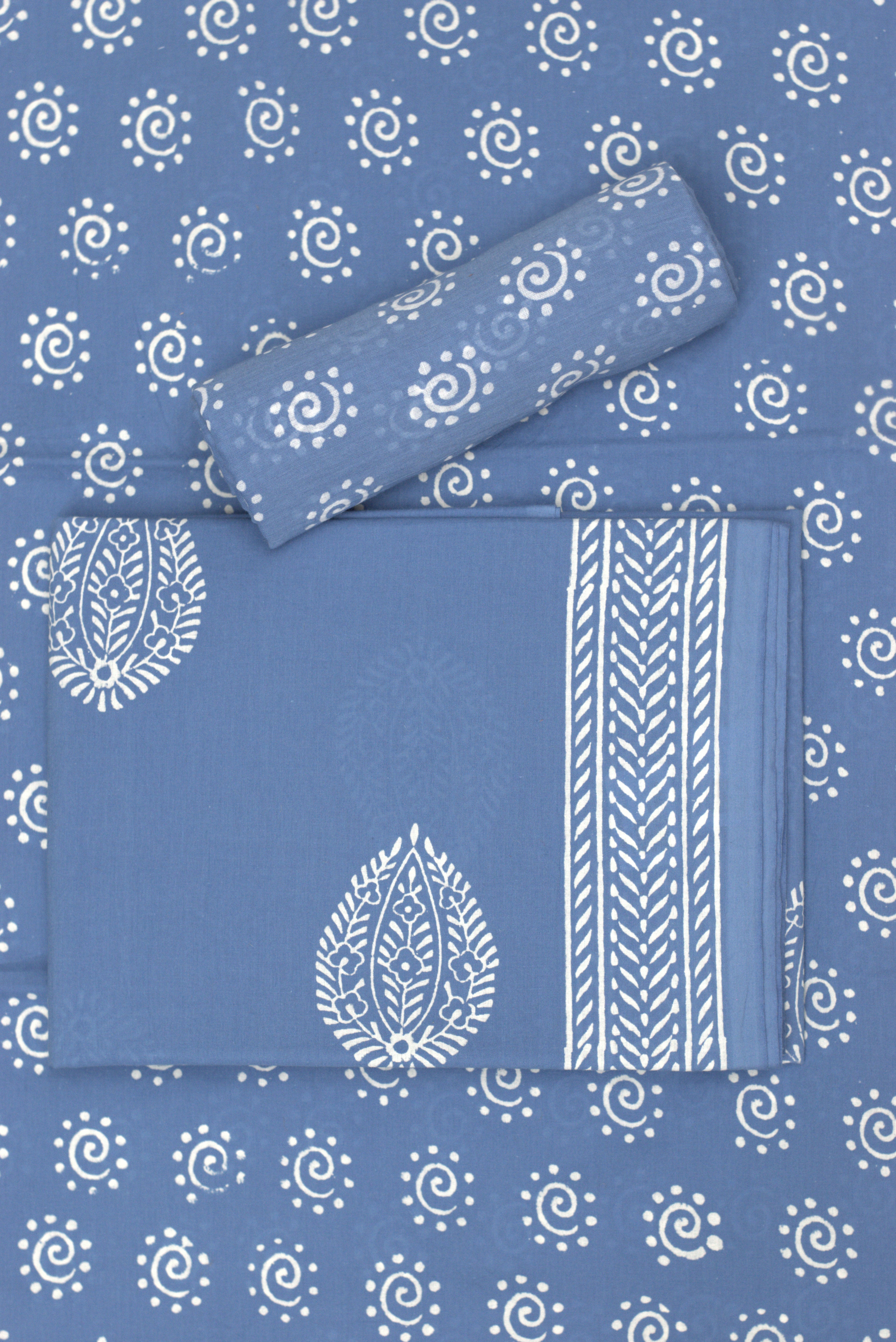 Elegant Blue Cotton Churidar Set with White Handblock Print