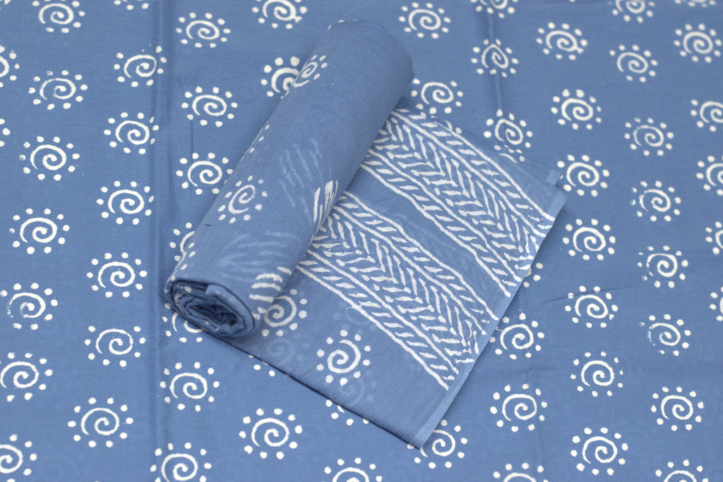 Elegant Blue Cotton Churidar Set with White Handblock Print