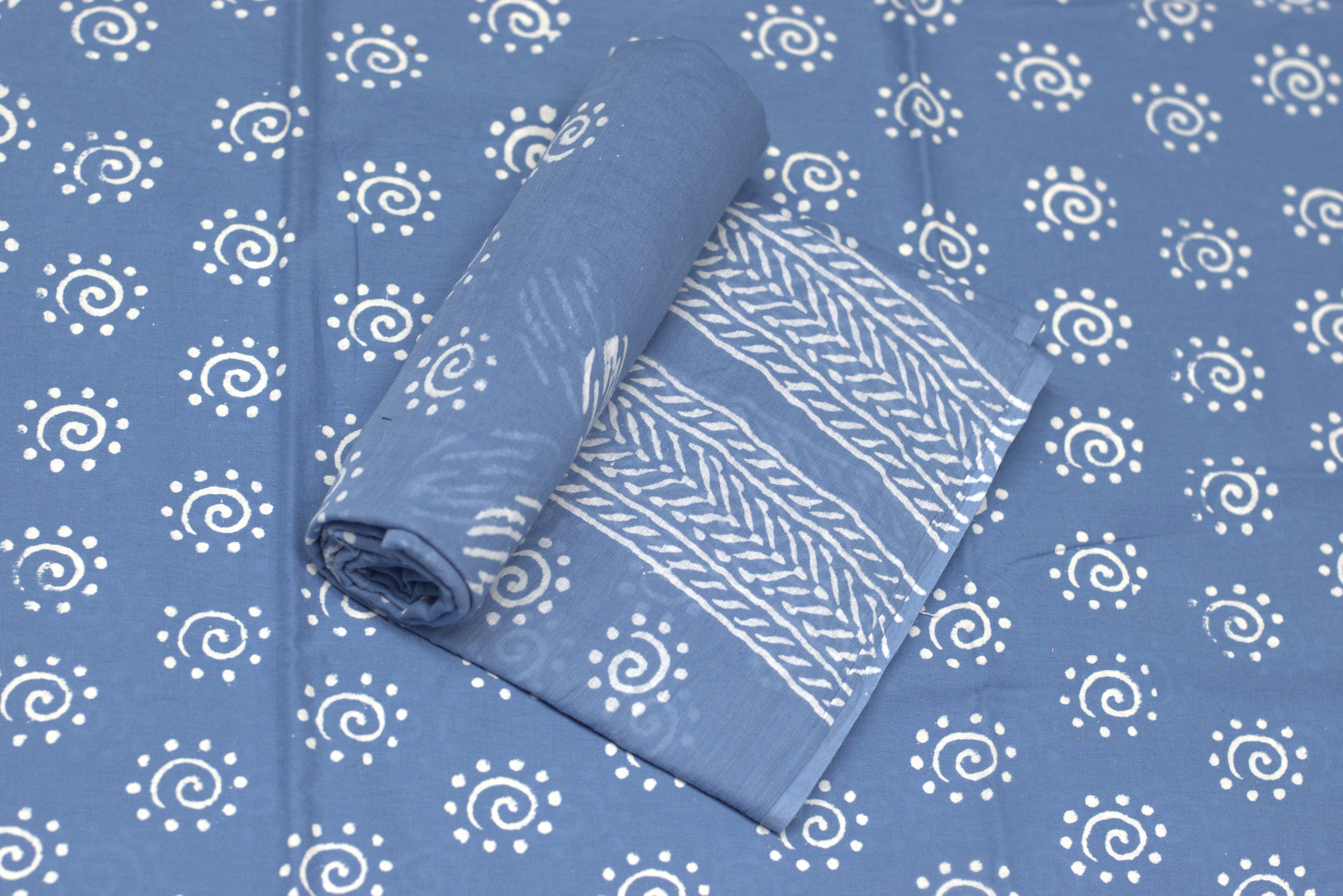 Elegant Blue Cotton Churidar Set with White Handblock Print