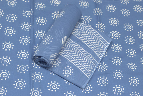 Elegant Blue Cotton Churidar Set with White Handblock Print