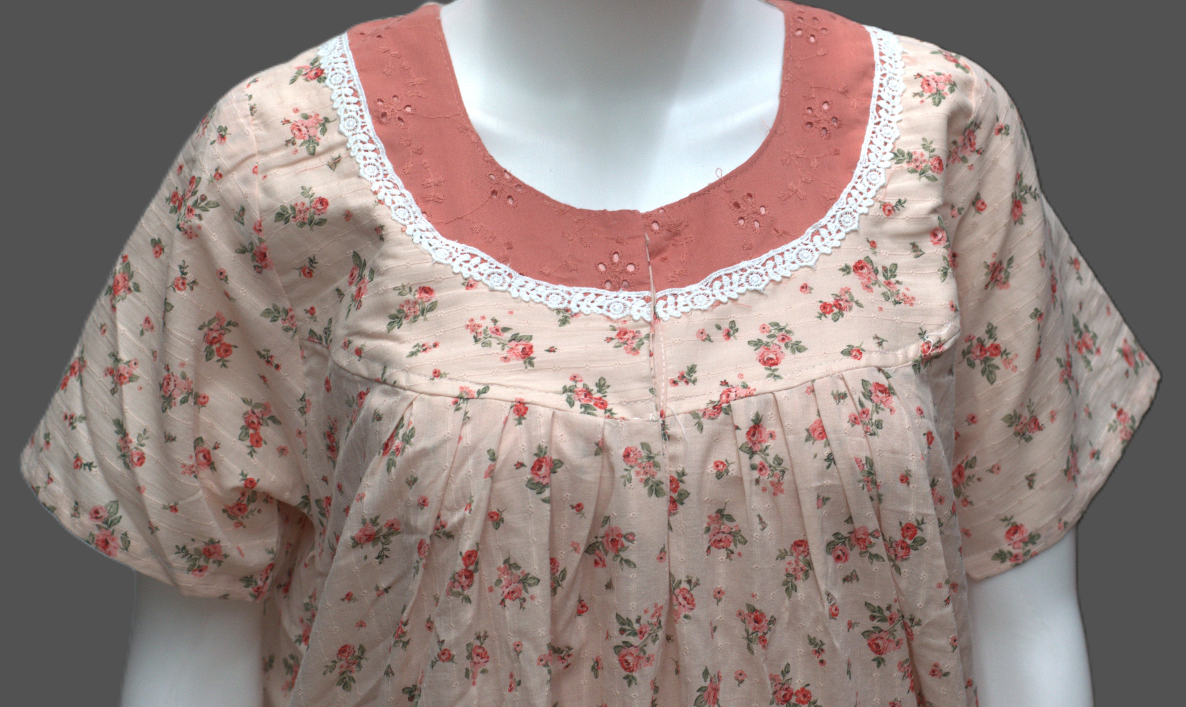 Elegant Floral Print Cotton Nighty with Embroidered Neckline - Peach