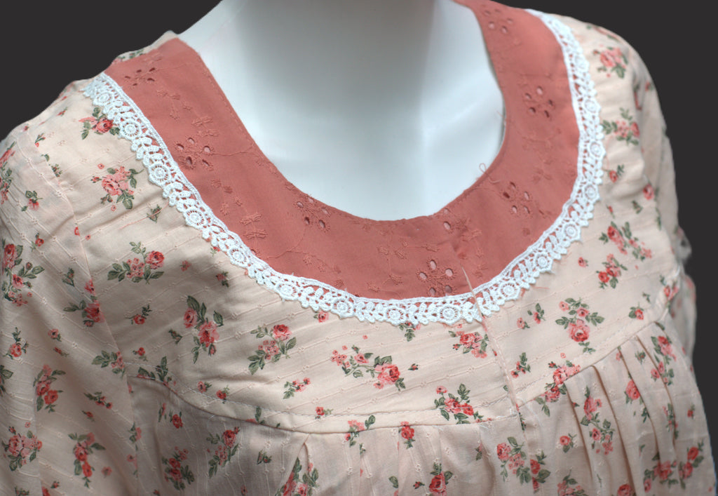Elegant Floral Print Cotton Nighty with Embroidered Neckline - Peach