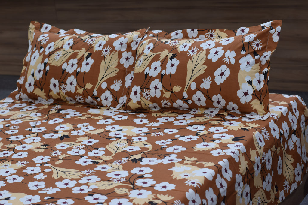 Autumn Bloom Floral Queen Size Cotton Bedsheet with Pillow Covers