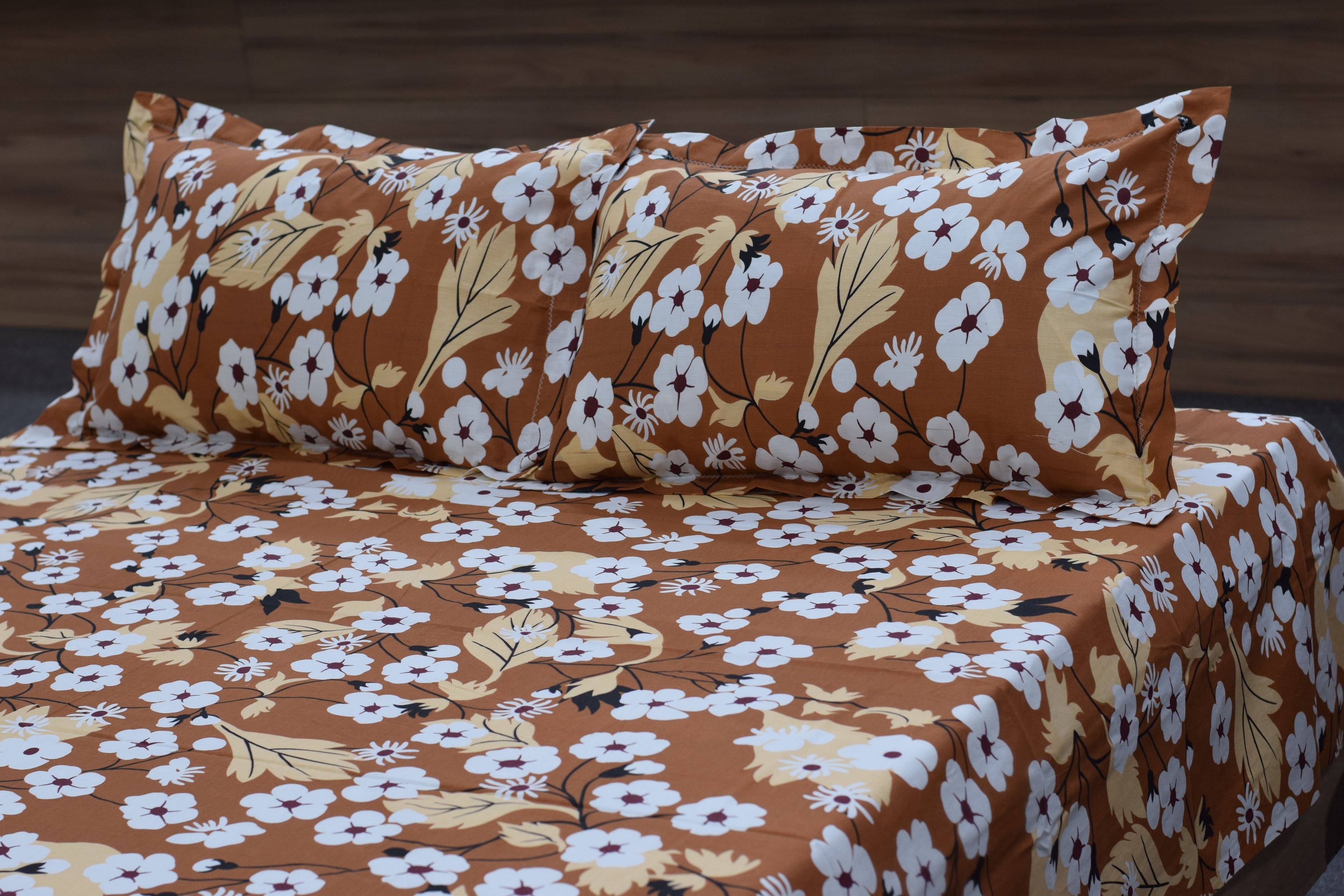 Autumn Bloom Floral Queen Size Cotton Bedsheet with Pillow Covers