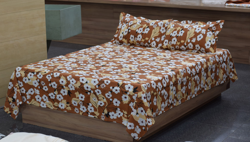 Autumn Bloom Floral Queen Size Cotton Bedsheet with Pillow Covers