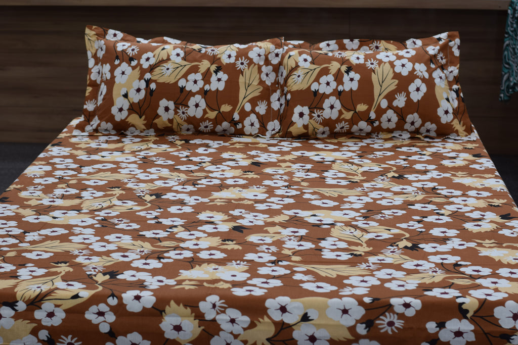 Autumn Bloom Floral Queen Size Cotton Bedsheet with Pillow Covers