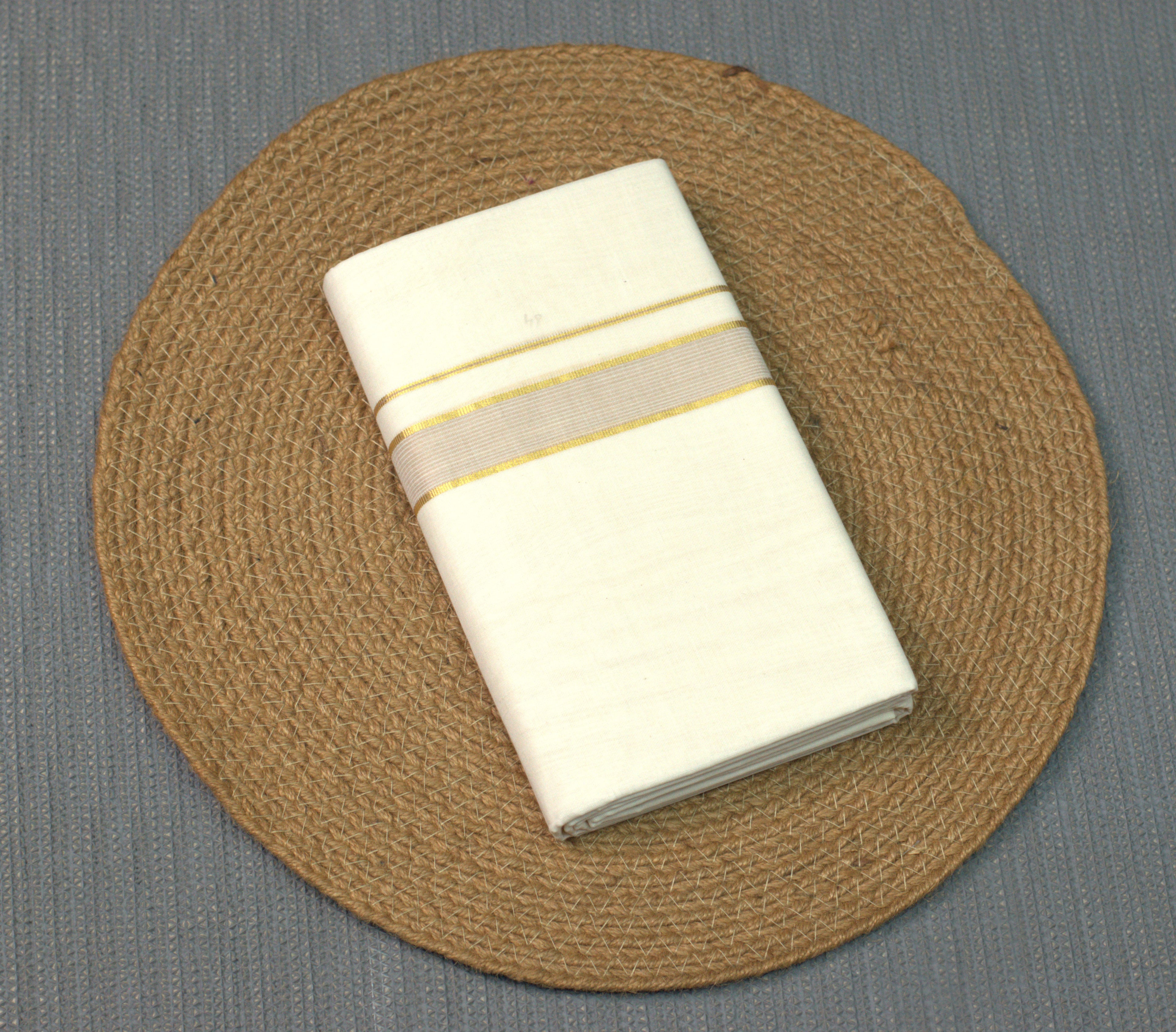 Title: Premium  Cotton Double Mundu with Golden Zari and Grey Border