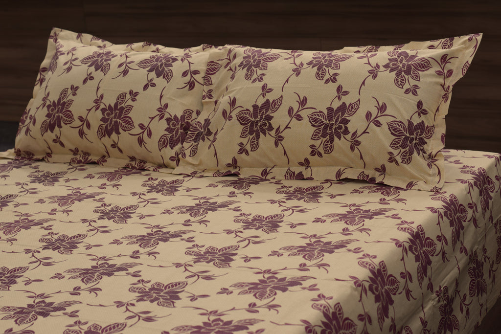 Queen Size Floral Printed Bedsheet with 2 Pillow Covers – Beige & Maroon | Soft & Comfortable