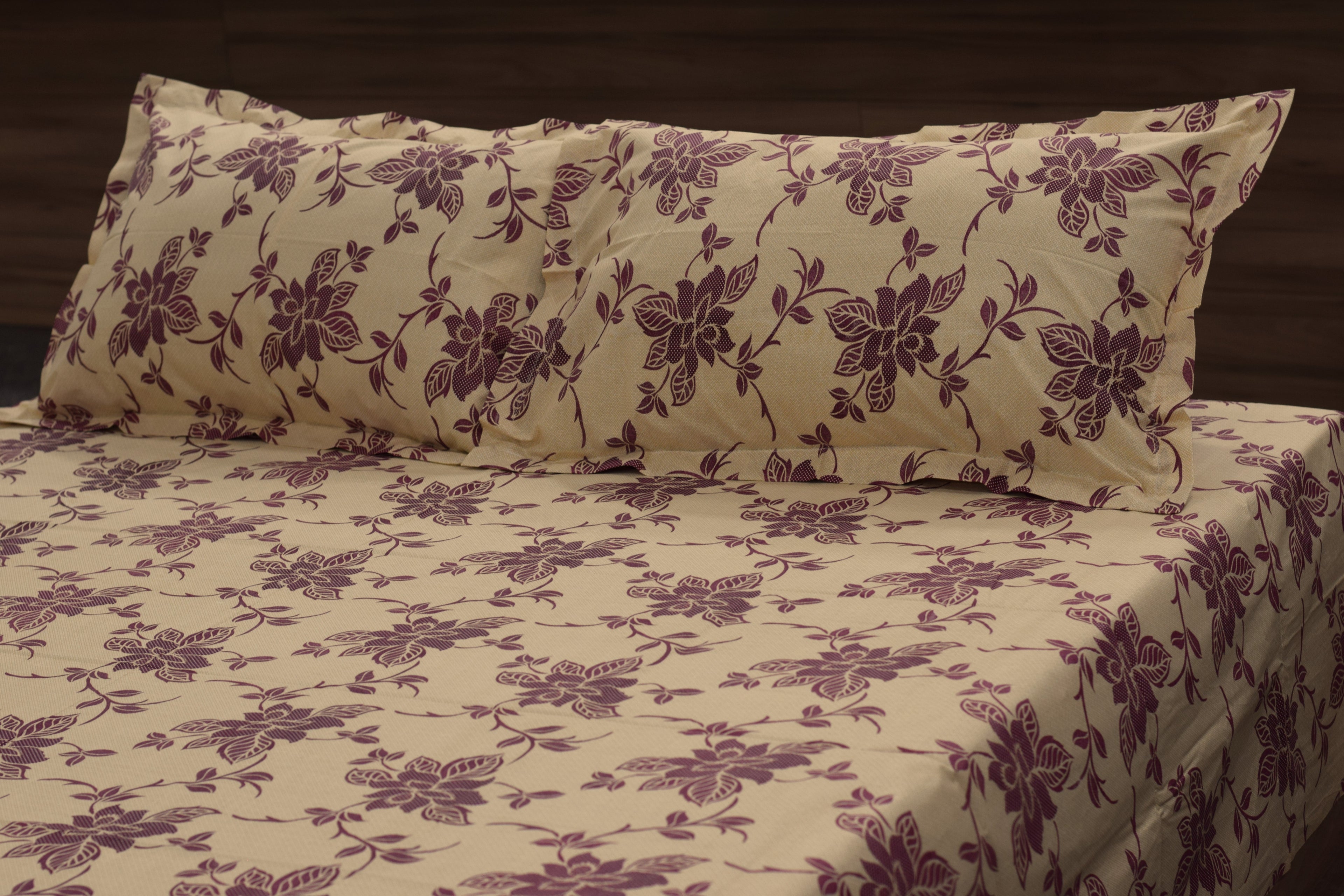 Queen Size Floral Printed Bedsheet with 2 Pillow Covers – Beige & Maroon | Soft & Comfortable