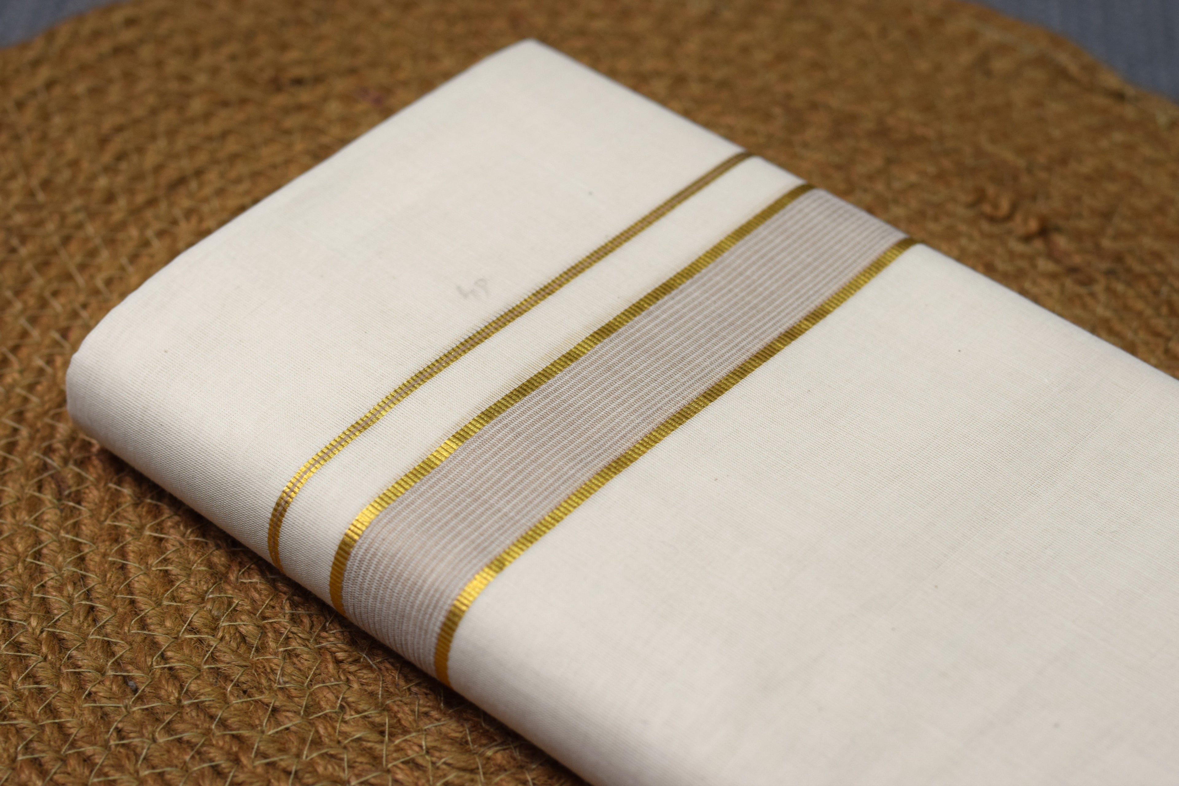 Title: Premium  Cotton Double Mundu with Golden Zari and Grey Border