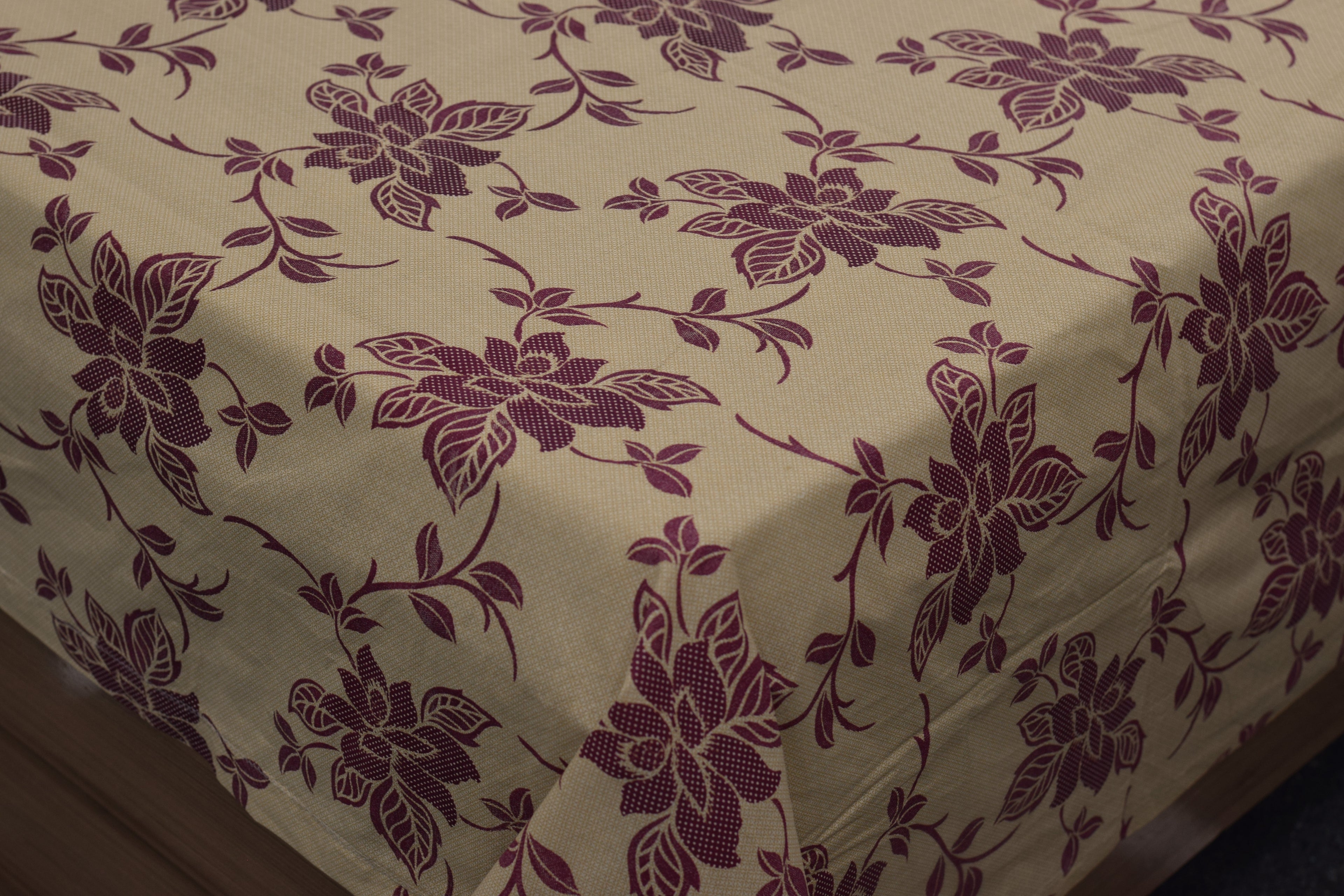 Queen Size Floral Printed Bedsheet with 2 Pillow Covers – Beige & Maroon | Soft & Comfortable