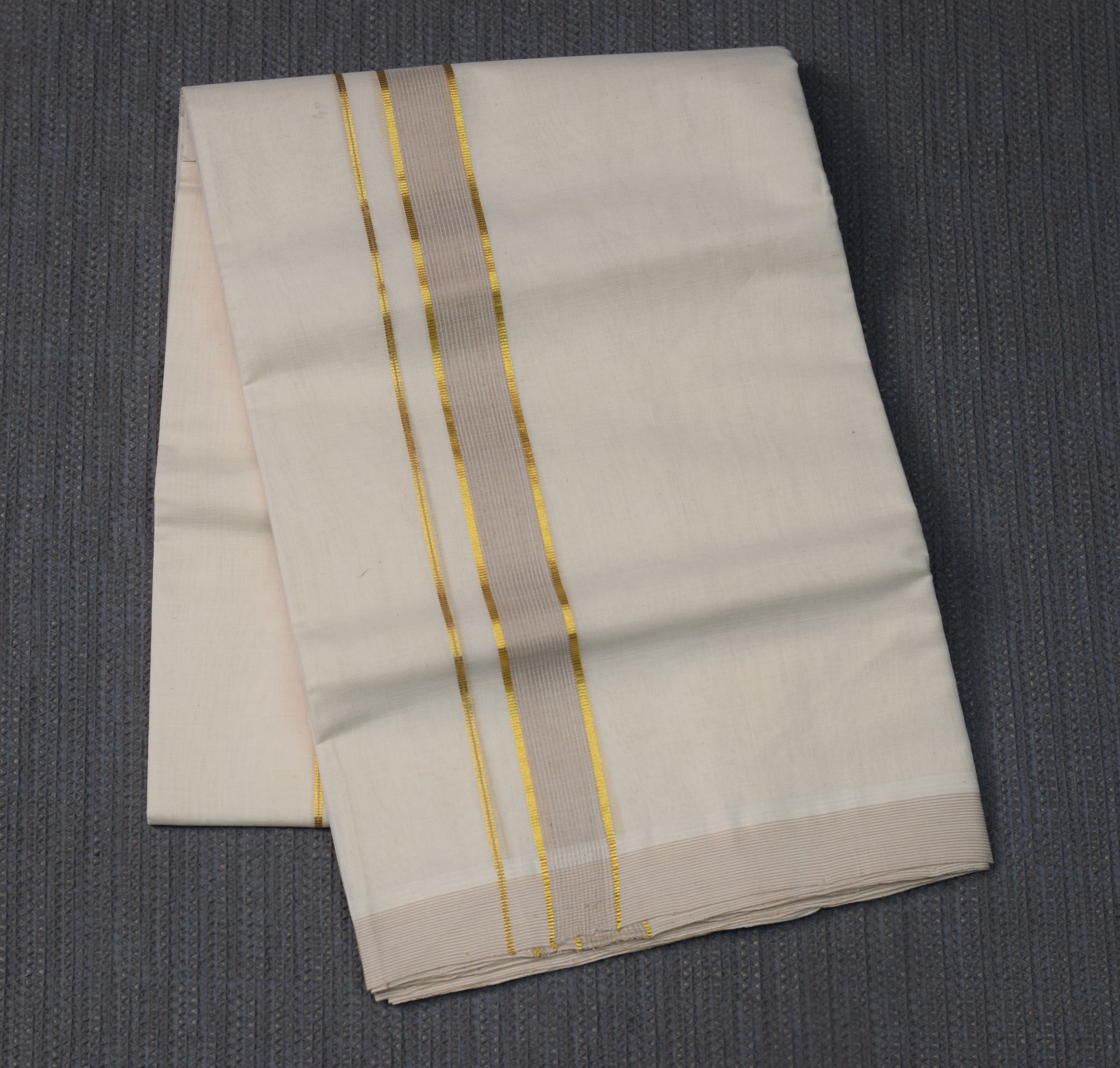 Title: Premium  Cotton Double Mundu with Golden Zari and Grey Border