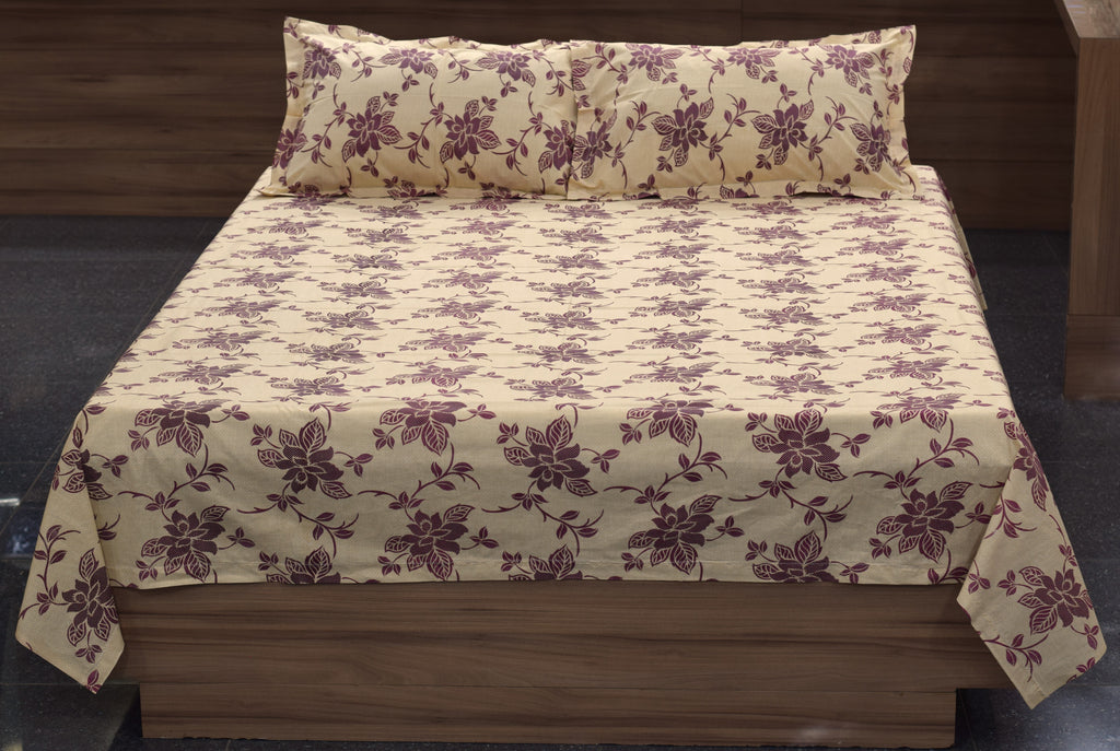 Queen Size Floral Printed Bedsheet with 2 Pillow Covers – Beige & Maroon | Soft & Comfortable