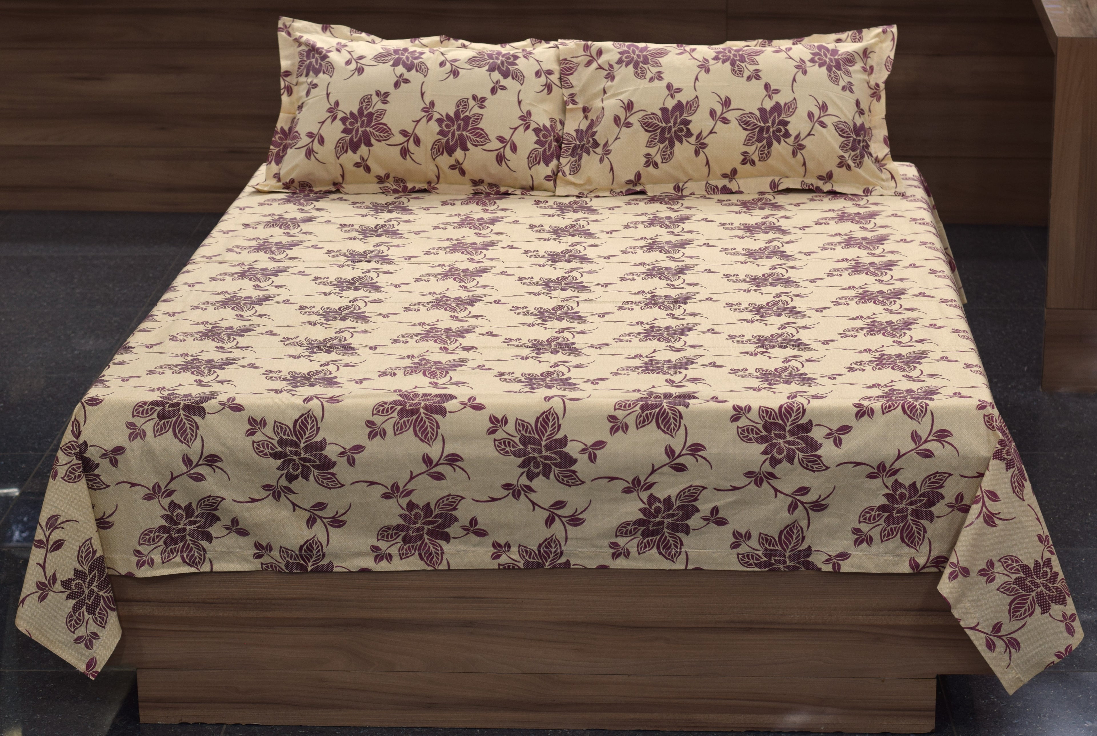 Queen Size Floral Printed Bedsheet with 2 Pillow Covers – Beige & Maroon | Soft & Comfortable