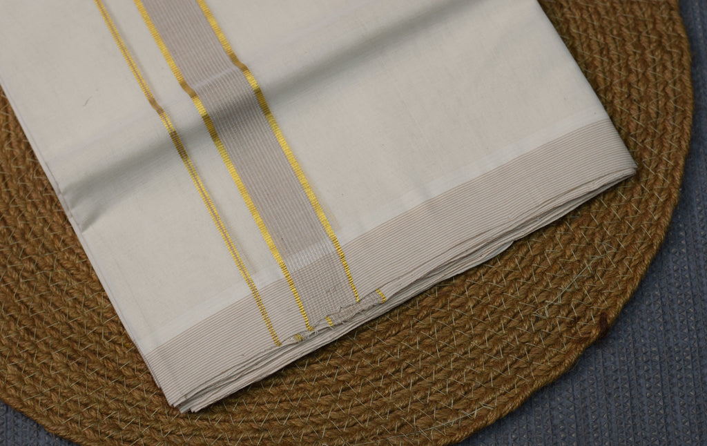 Title: Premium  Cotton Double Mundu with Golden Zari and Grey Border