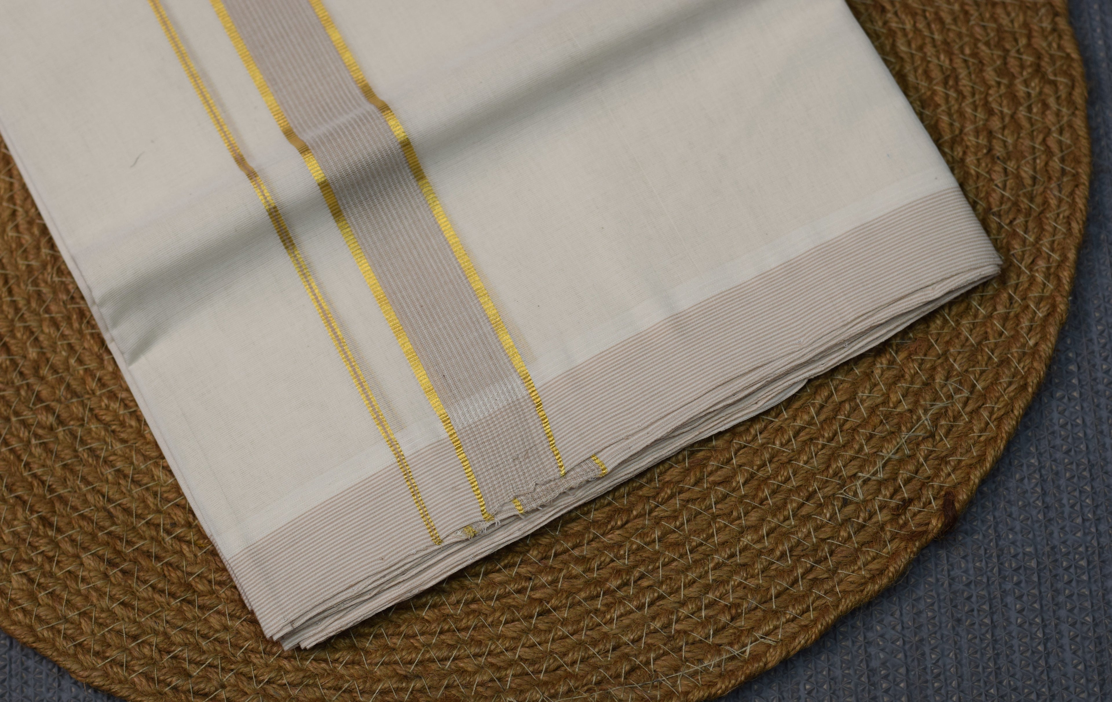 Title: Premium  Cotton Double Mundu with Golden Zari and Grey Border