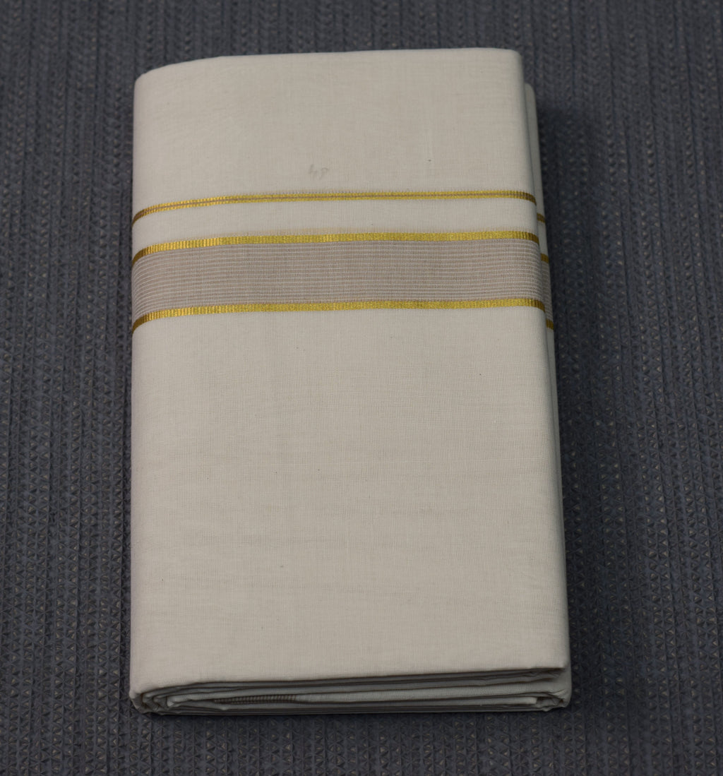 Title: Premium  Cotton Double Mundu with Golden Zari and Grey Border