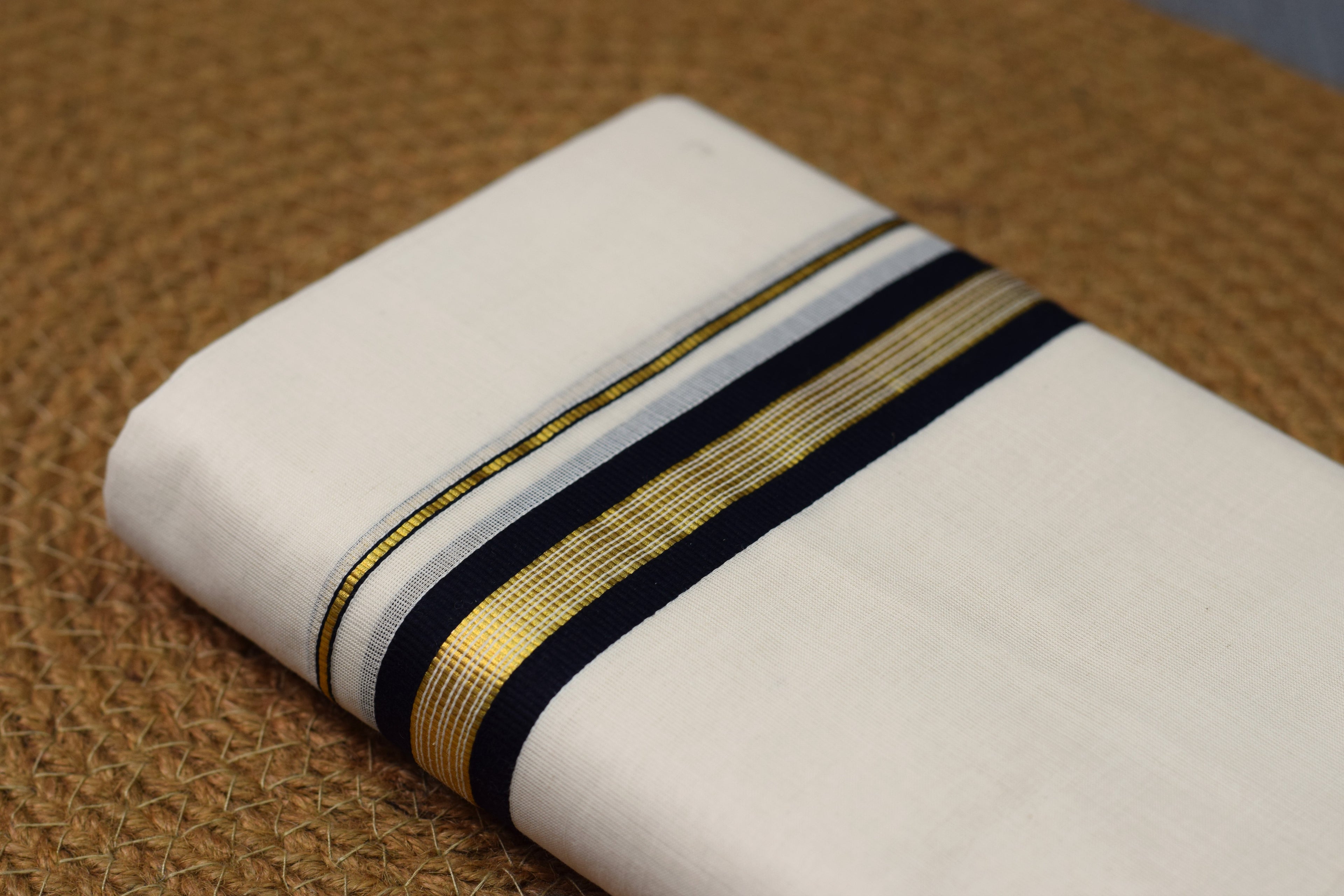 Premium Off-White Double Mundu with Charcoal Blue & Gold Zari Border