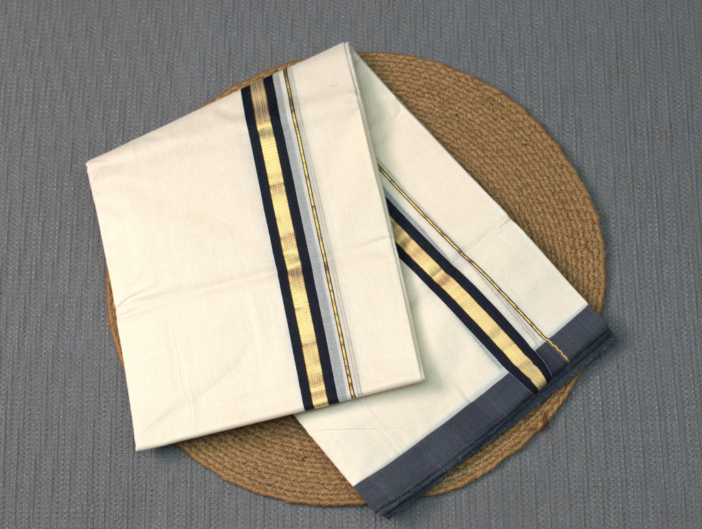 Premium codi Cotton Double Dhoti (Mundu) with Charcoal Black and Gold Border