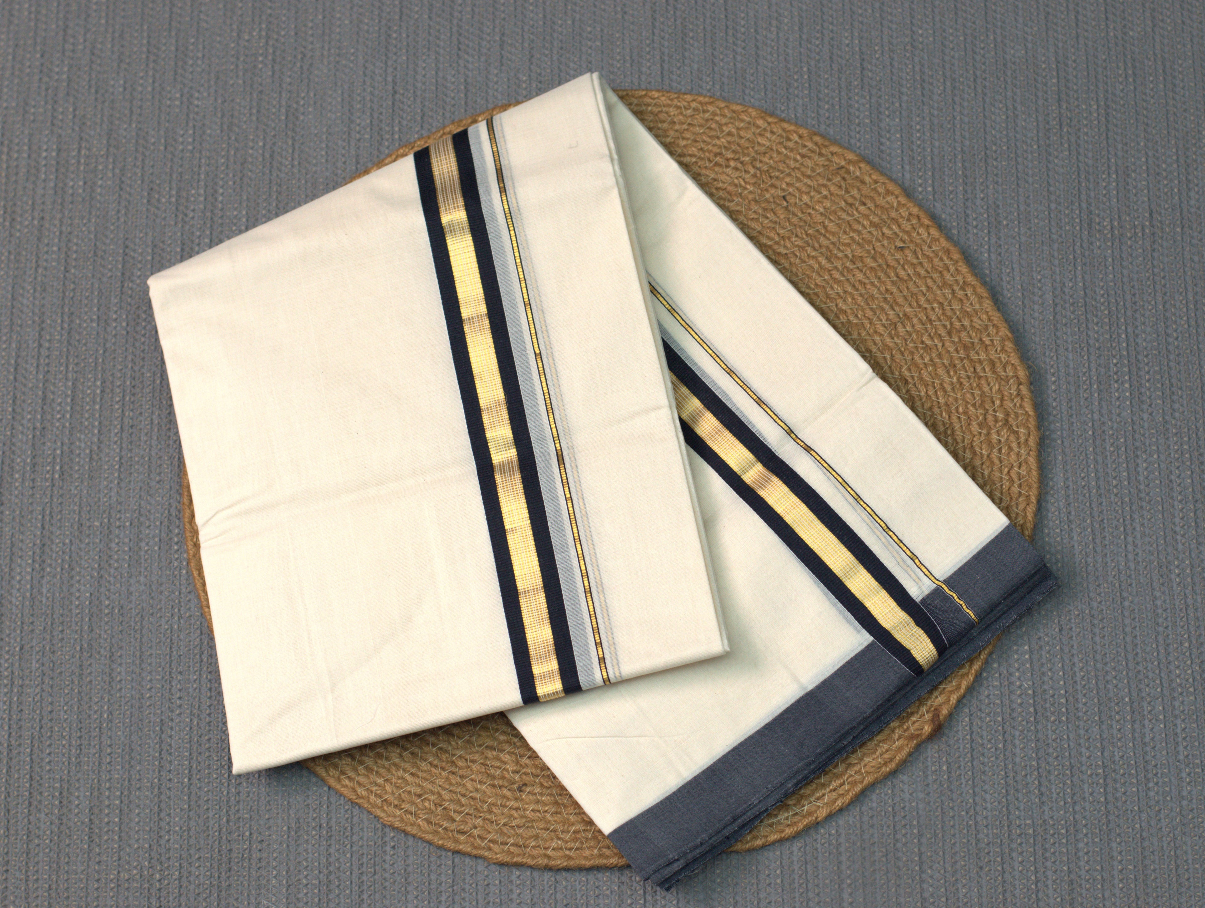 Premium codi Cotton Double Dhoti (Mundu) with Charcoal Black and Gold Border