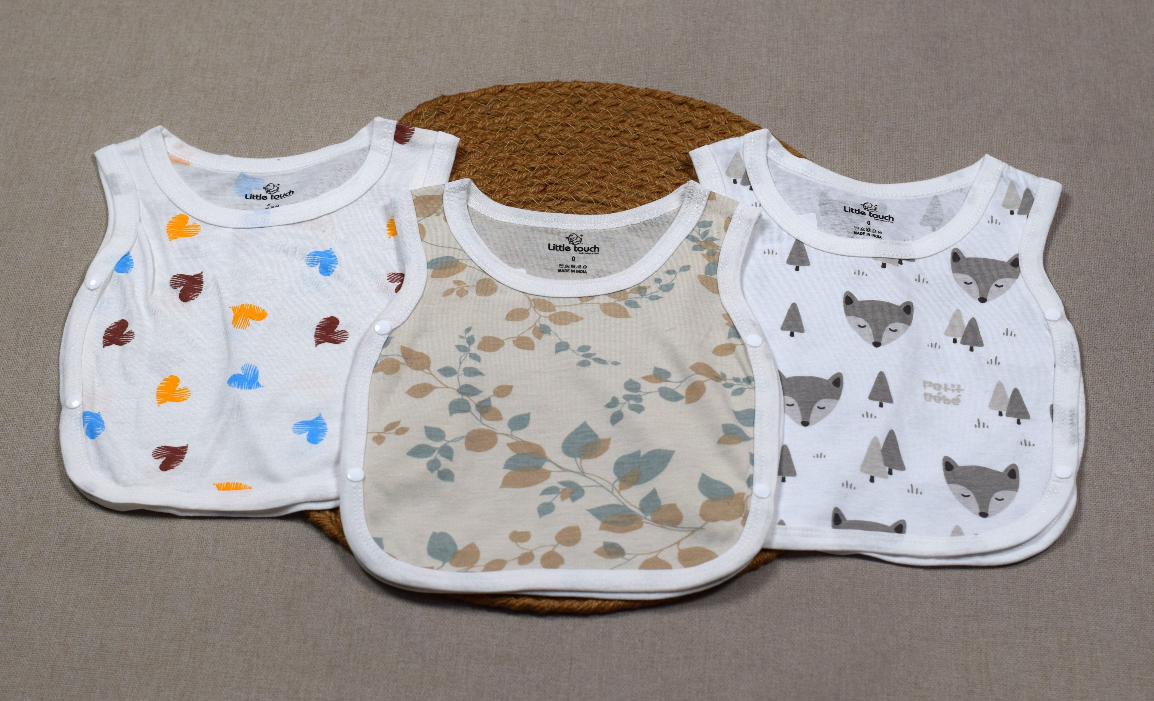 Little Touch Baby Kutti Uduppu Set of 3 | Soft Cotton Newborn Sleeveless Jabla | Assorted Prints