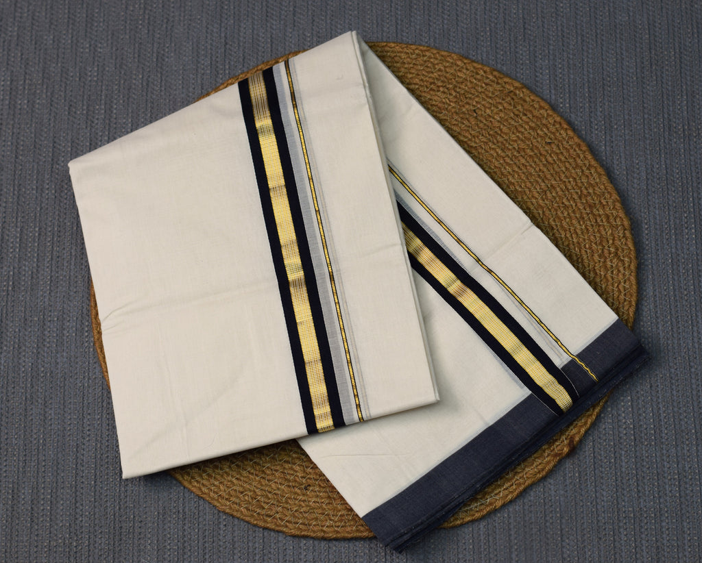 Premium Off-White Double Mundu with Charcoal Blue & Gold Zari Border