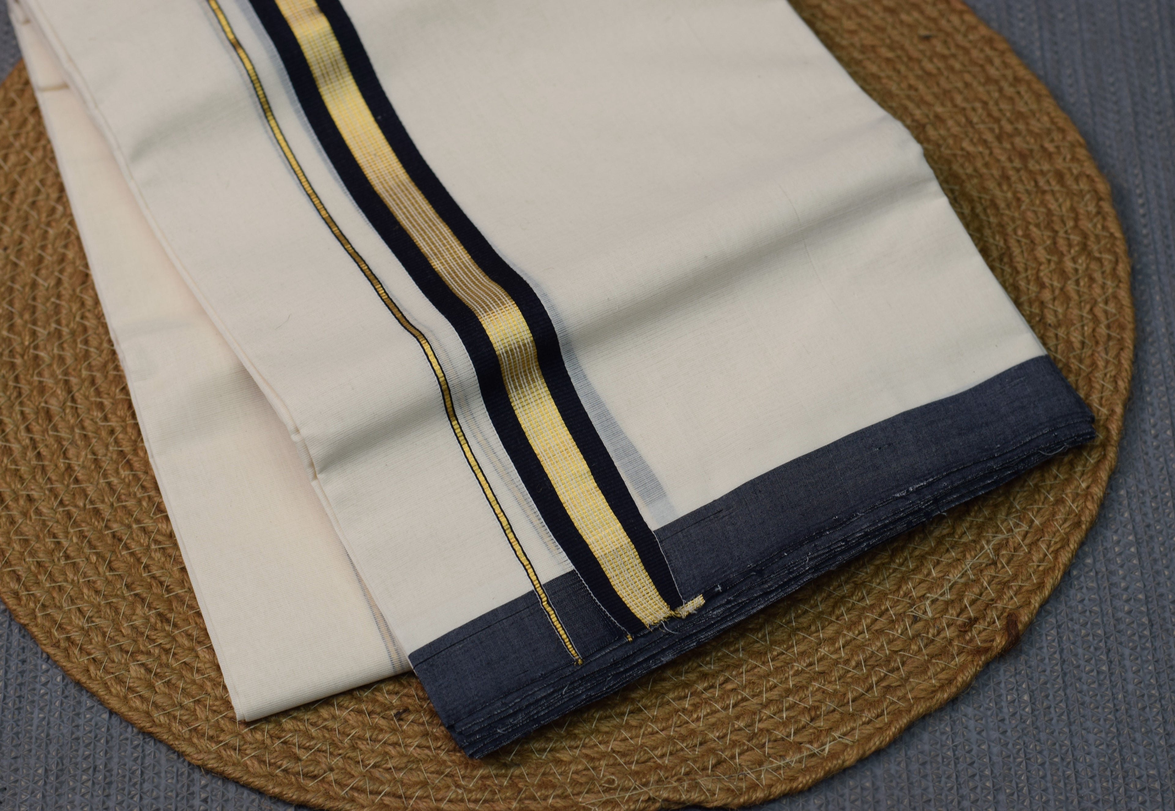 Premium Off-White Double Mundu with Charcoal Blue & Gold Zari Border