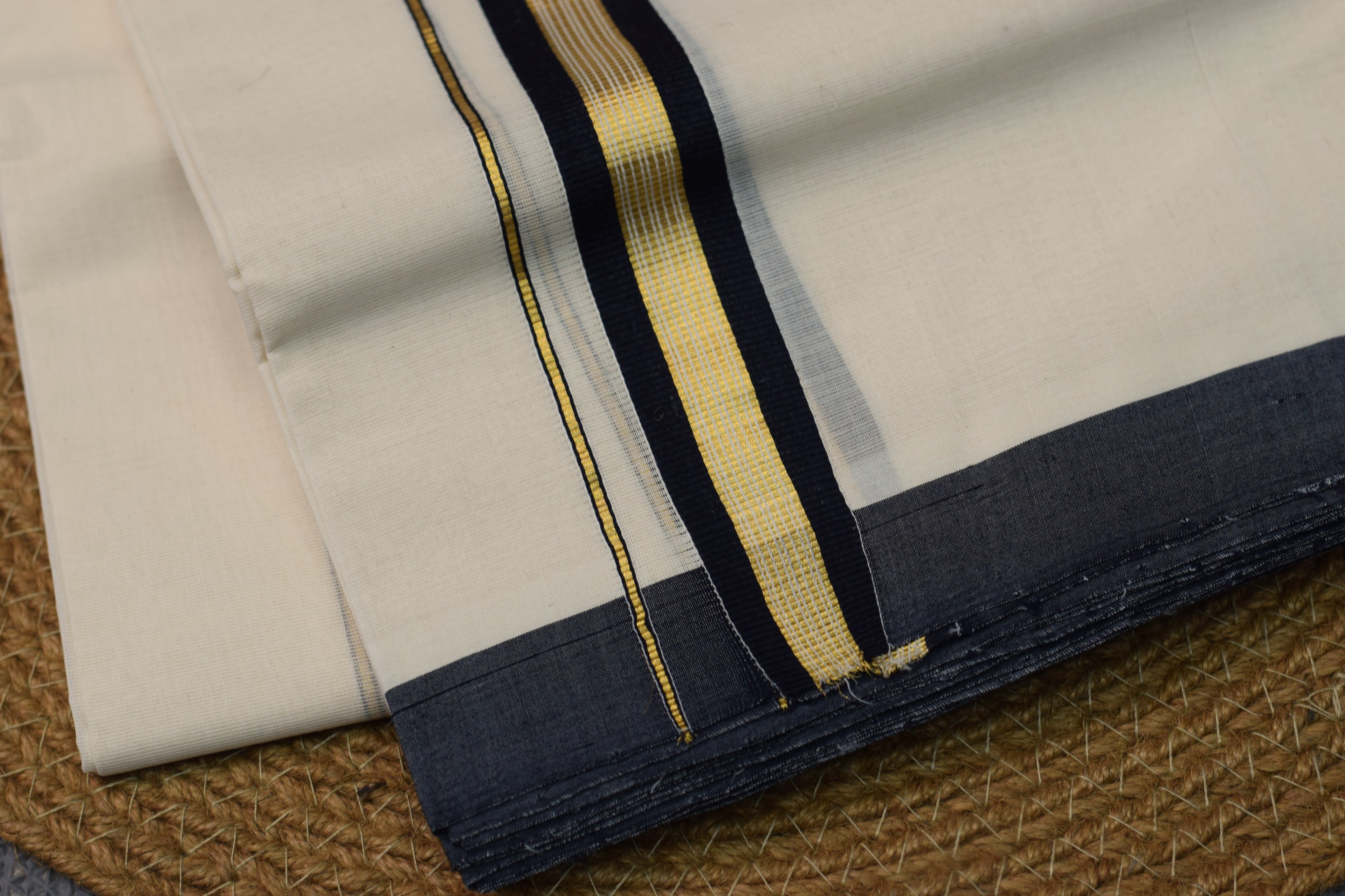 Premium Off-White Double Mundu with Charcoal Blue & Gold Zari Border