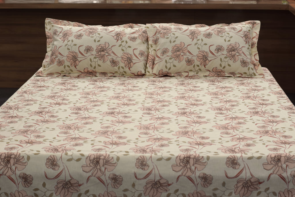 Queen Size Floral Printed Bedsheet with 2 Pillow Covers – Soft Cotton Blend | Elegant Beige & Pink