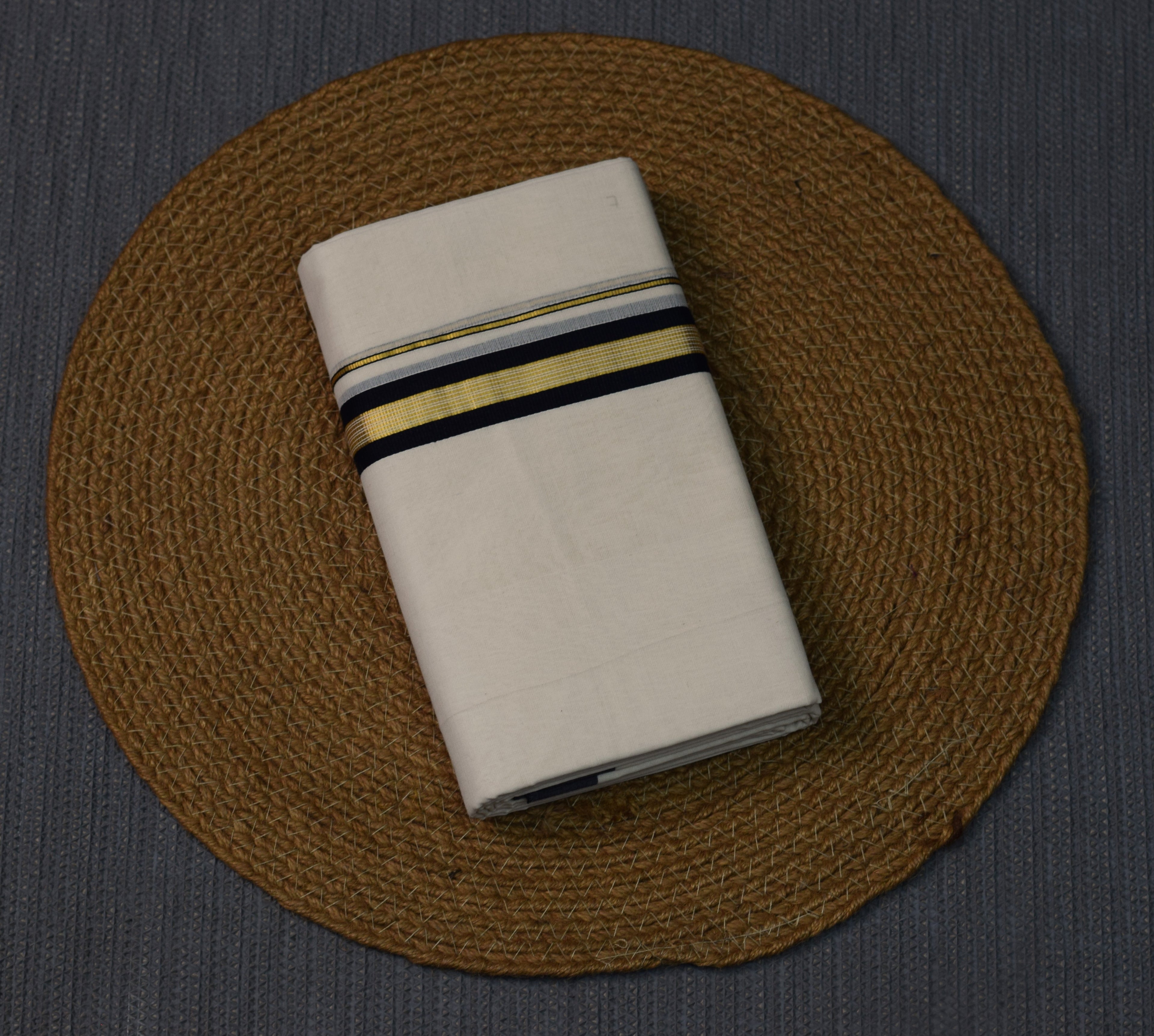 Premium Off-White Double Mundu with Charcoal Blue & Gold Zari Border