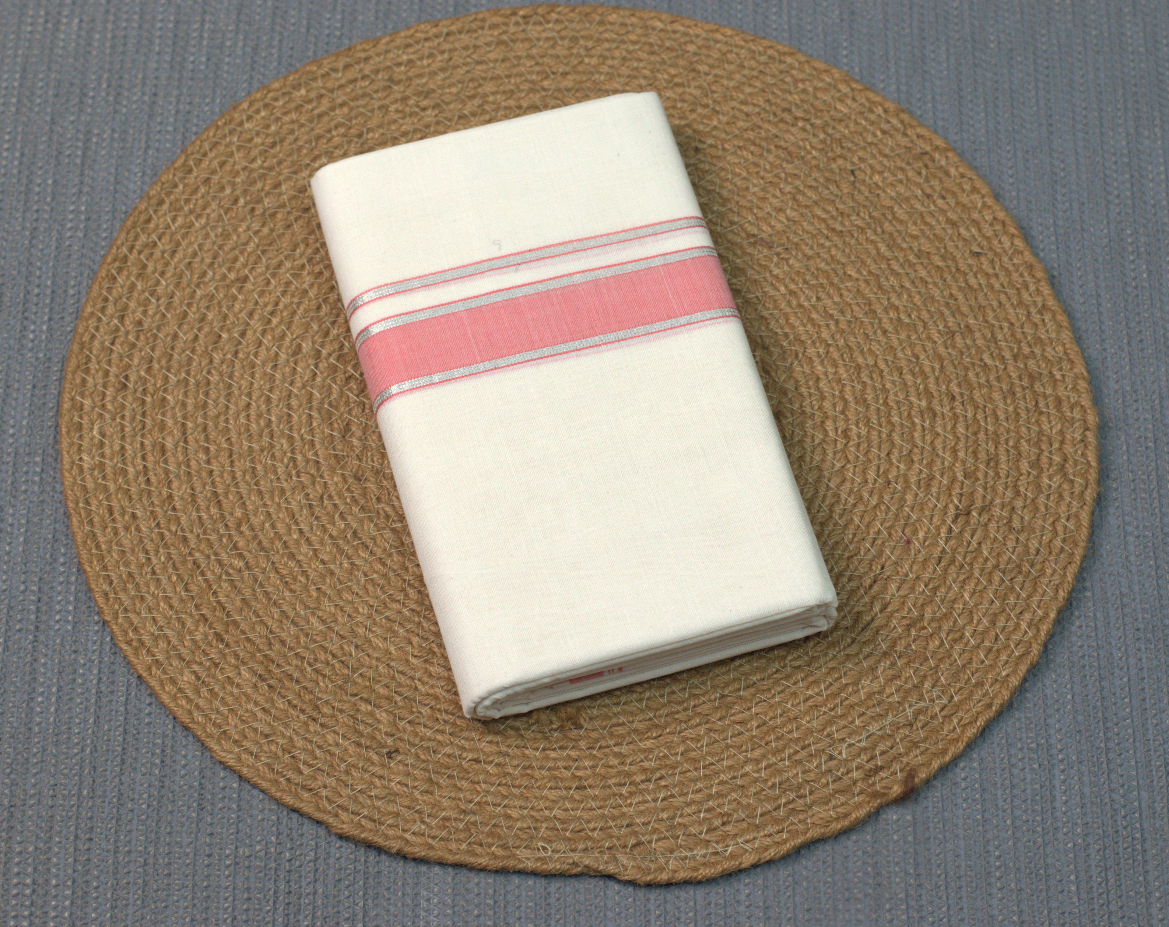 Premium Cotton Double Codi Mundu – Off-White with Peach & Silver Kasavu