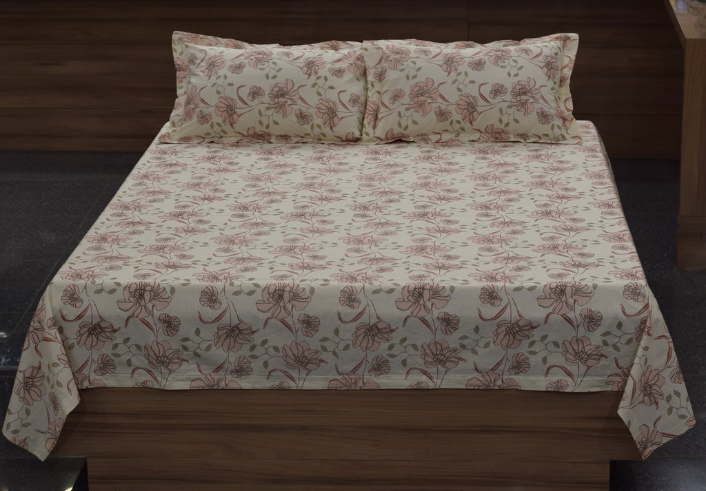 Queen Size Floral Printed Bedsheet with 2 Pillow Covers – Soft Cotton Blend | Elegant Beige & Pink
