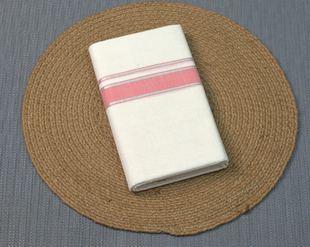 Cream Kodi Cotton Double Mundu with Pink and Silver Kasavu