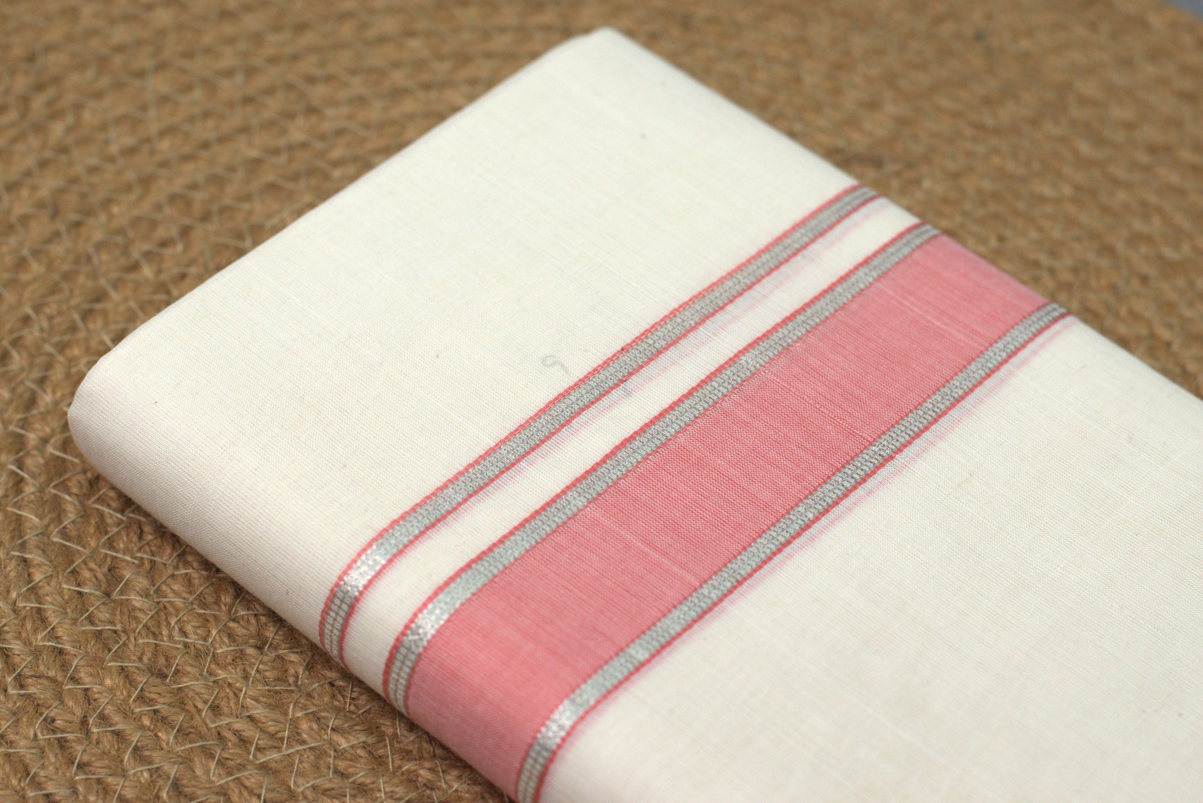 Cream Kodi Cotton Double Mundu with Pink and Silver Kasavu