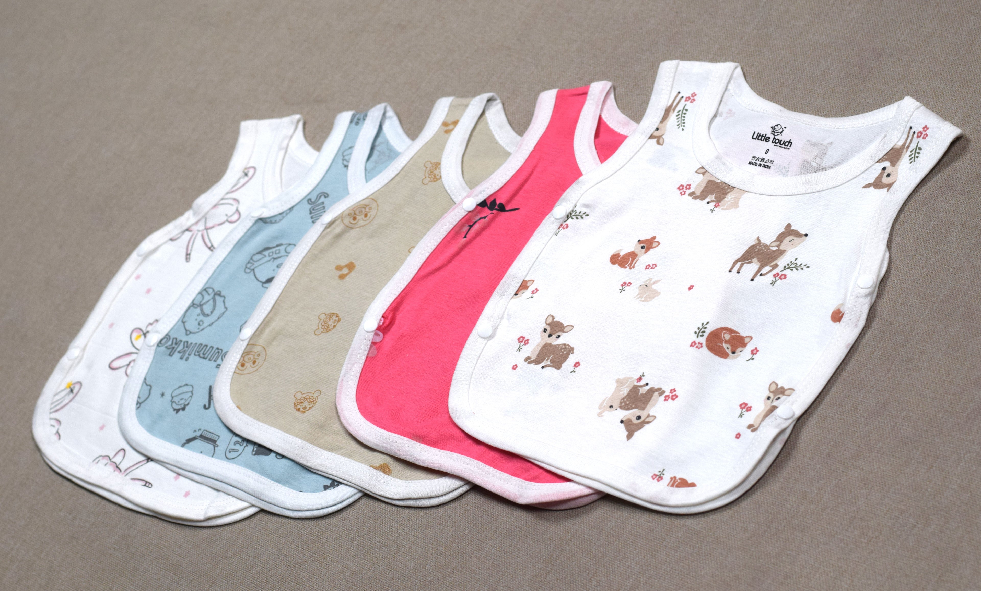 Baby Kutti Uduppu Cotton Vest Set – Pack of 5 | Soft Sleeveless Newborn Innerwear | Assorted Prints