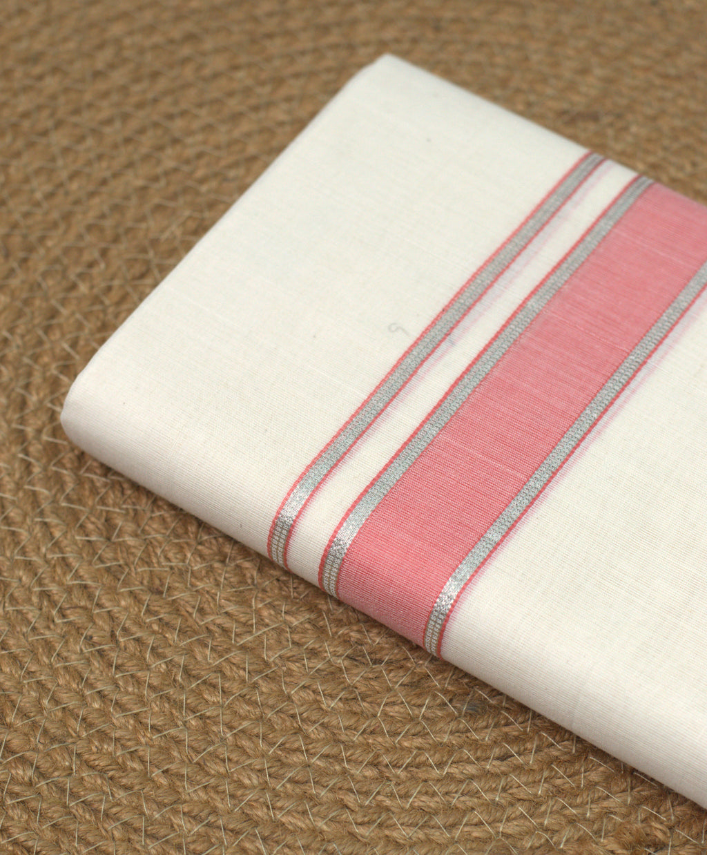 Cream Kodi Cotton Double Mundu with Pink and Silver Kasavu