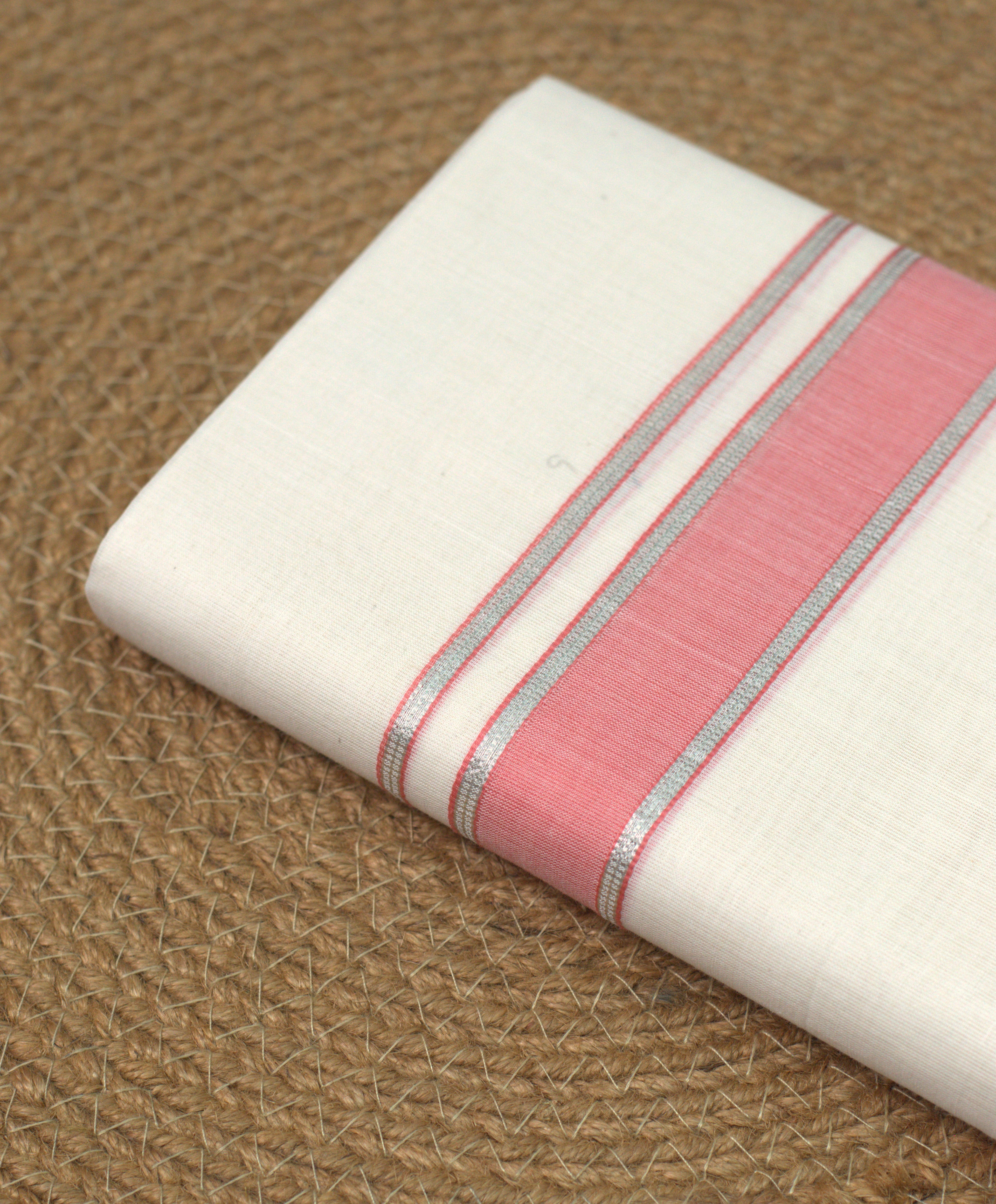 Cream Kodi Cotton Double Mundu with Pink and Silver Kasavu