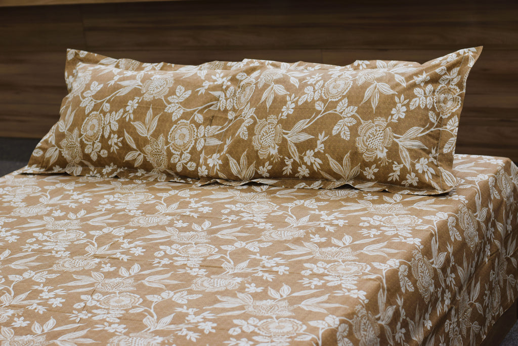 Elegant Floral Queen Size Bedsheet with Pillow Covers – Soft Cotton Blend | Brown & White