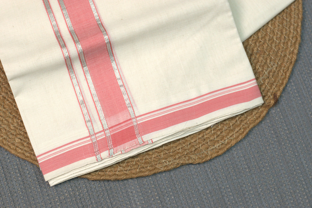 Cream Kodi Cotton Double Mundu with Pink and Silver Kasavu